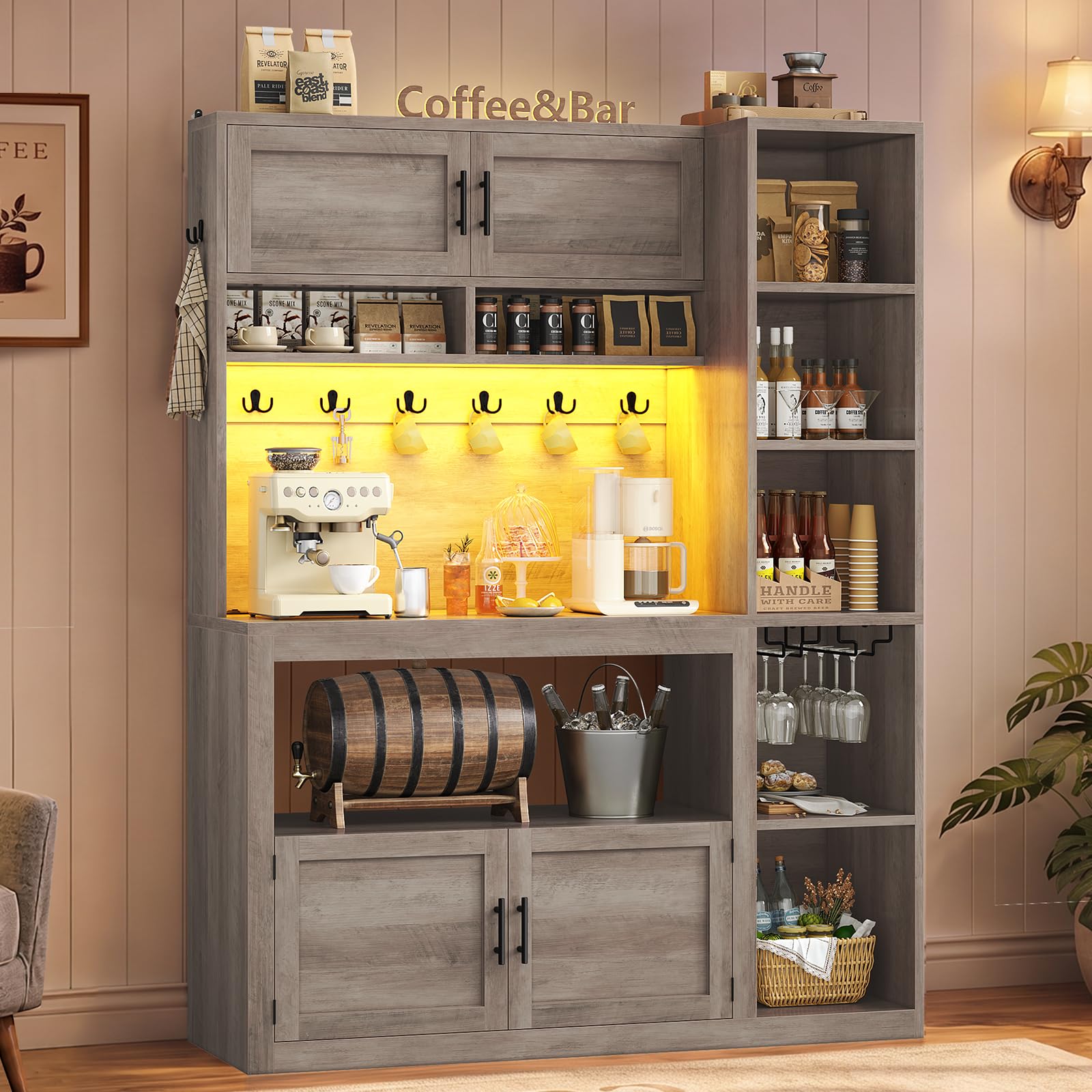 Itaar Farmhouse Bakers Rack Coffee Bar Cabinet with Storage, Power Outlet