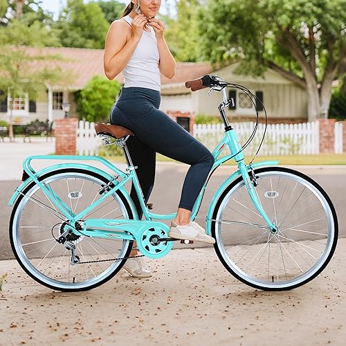 Miniatura 8 de MEGHNA Bicicleta híbrida baja de 26 pulgadas, freno de bicicleta de crucero, Shimano, 7 velocidades, impulsada por palanca de cambios, bicicleta de