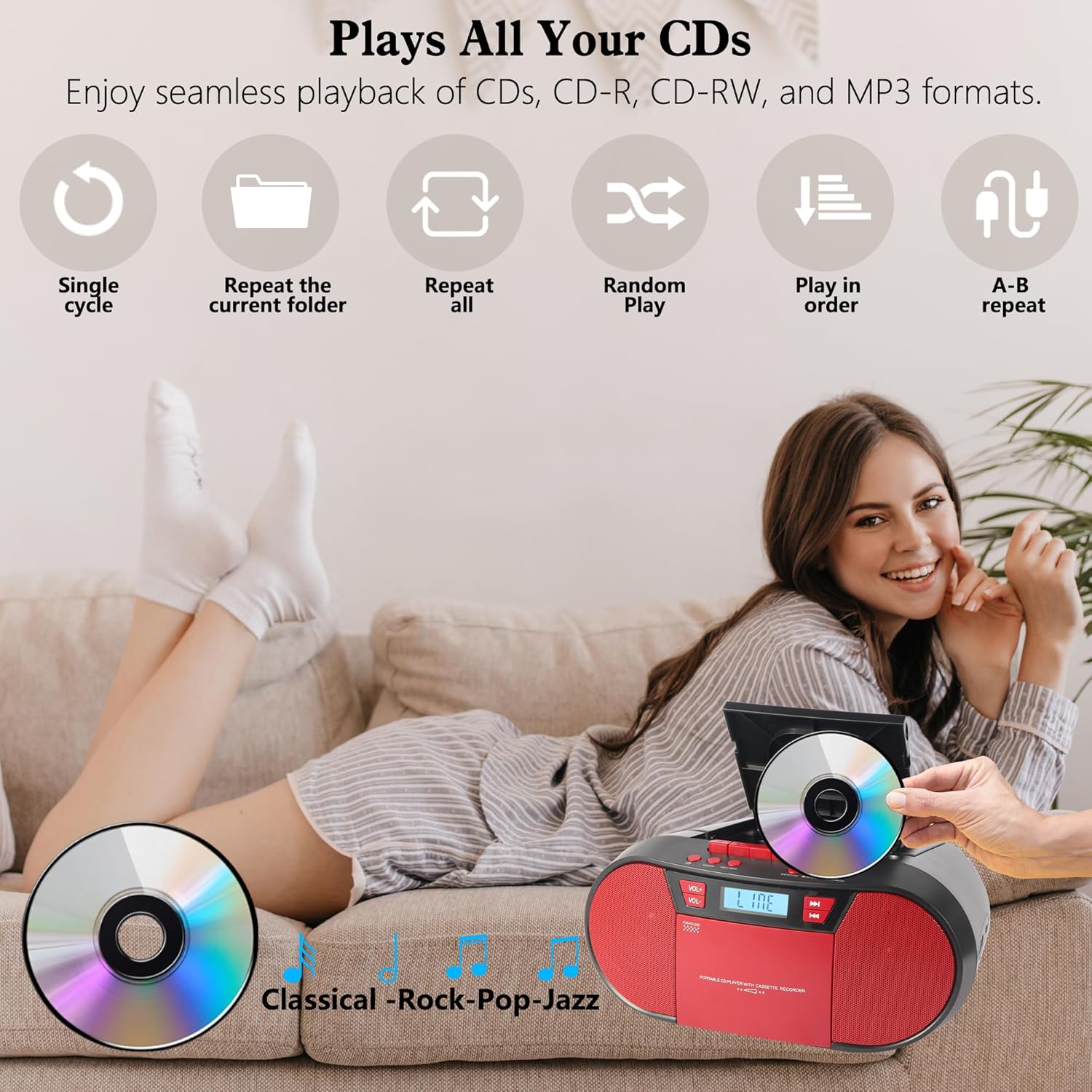 Boombox CD Player Portable, Cassette Player Combo with CD MP3 Bluetooth AUX TF USB FM Radio AC/DC Powered, Boom Box with Remote Control, Headphone Jack, Stereo Sound for Home,Kids,Gift