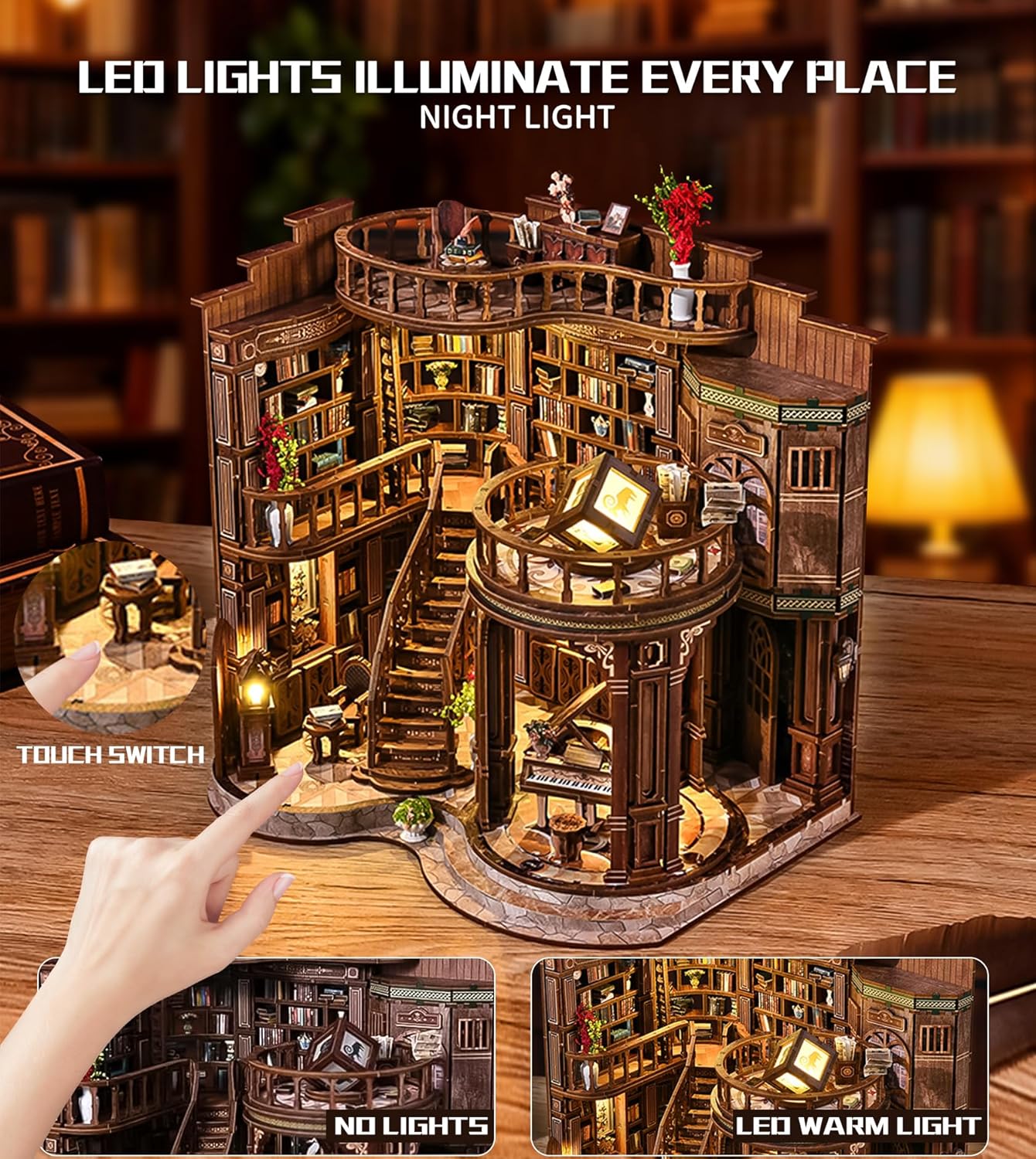DIY Miniature House Kit, Book Nook kit Dreamy Book Hall 3D Wooden Puzzle with LED Lights, House Building Kit for Home Decoration and Creative Gift for Women Men Friends(Dreamy Book Hall)