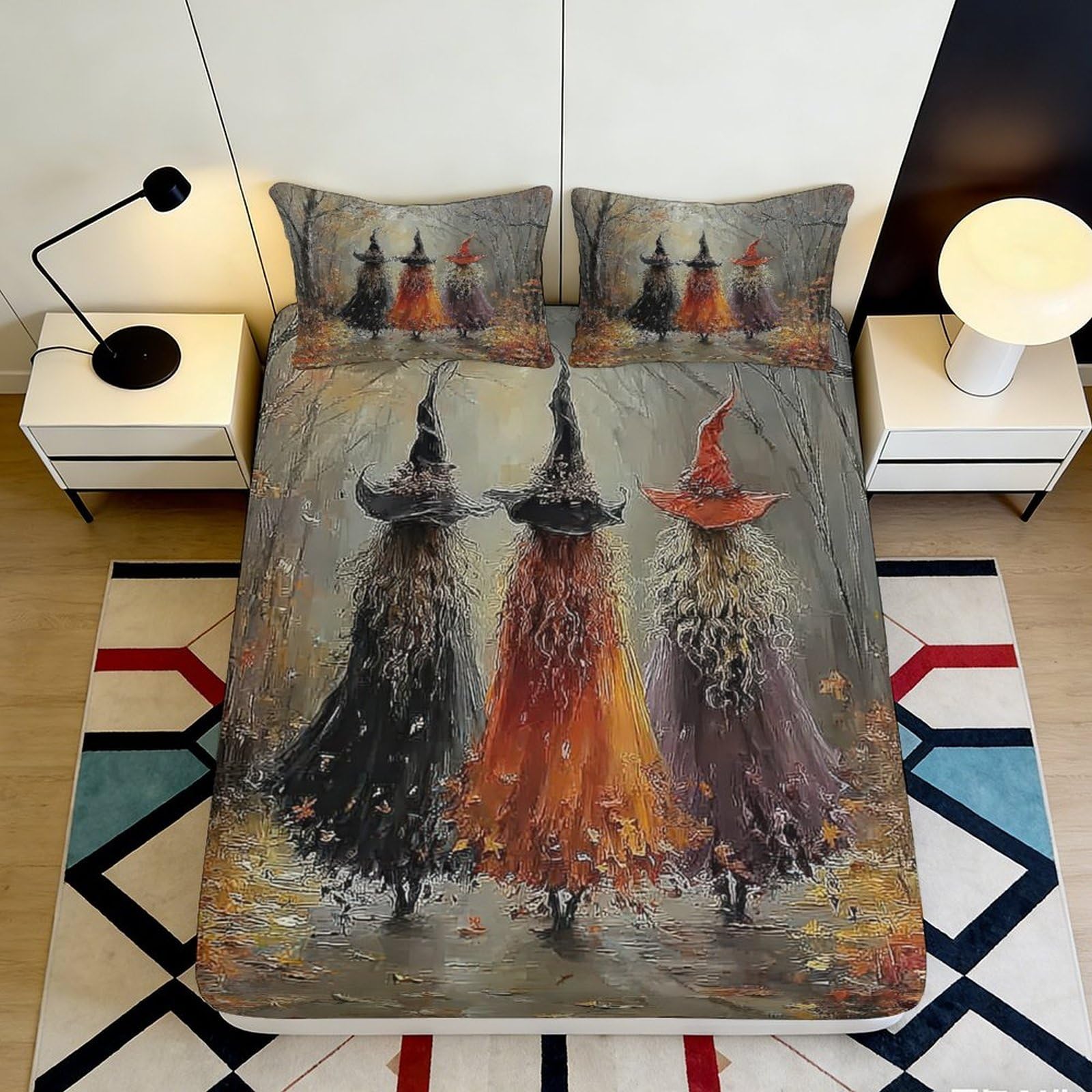 3D Printed Witch Halloween Fitted Sheet Microfiber Soft Breathable Autumn Leaves Bed Cover for Bedroom Dormitory Guest Room Mattress Protection Decor 120x200x25cm