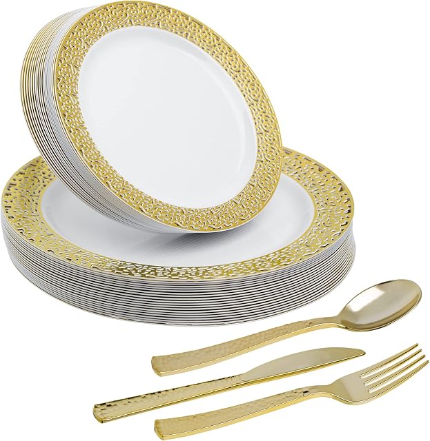STACKABLES ~ 100 Pieces Dinnerware Set ~ Party Setting Combo Hard Plastic Reusable White Plates with Laced Gold Rim & Cutlery Sets for 20 People