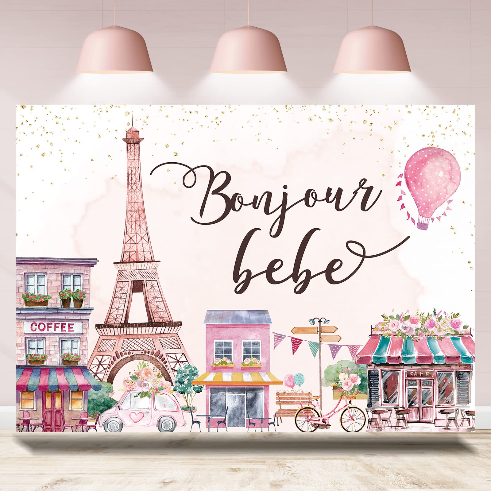 Paris Eiffel Tower Backdrop French City View Street Flowers Store Dreamlike Photography Background Bonjour Bebe Baby Shower Banner Party Portrait Decorations YouTube Photo Booth Props 7x5ft