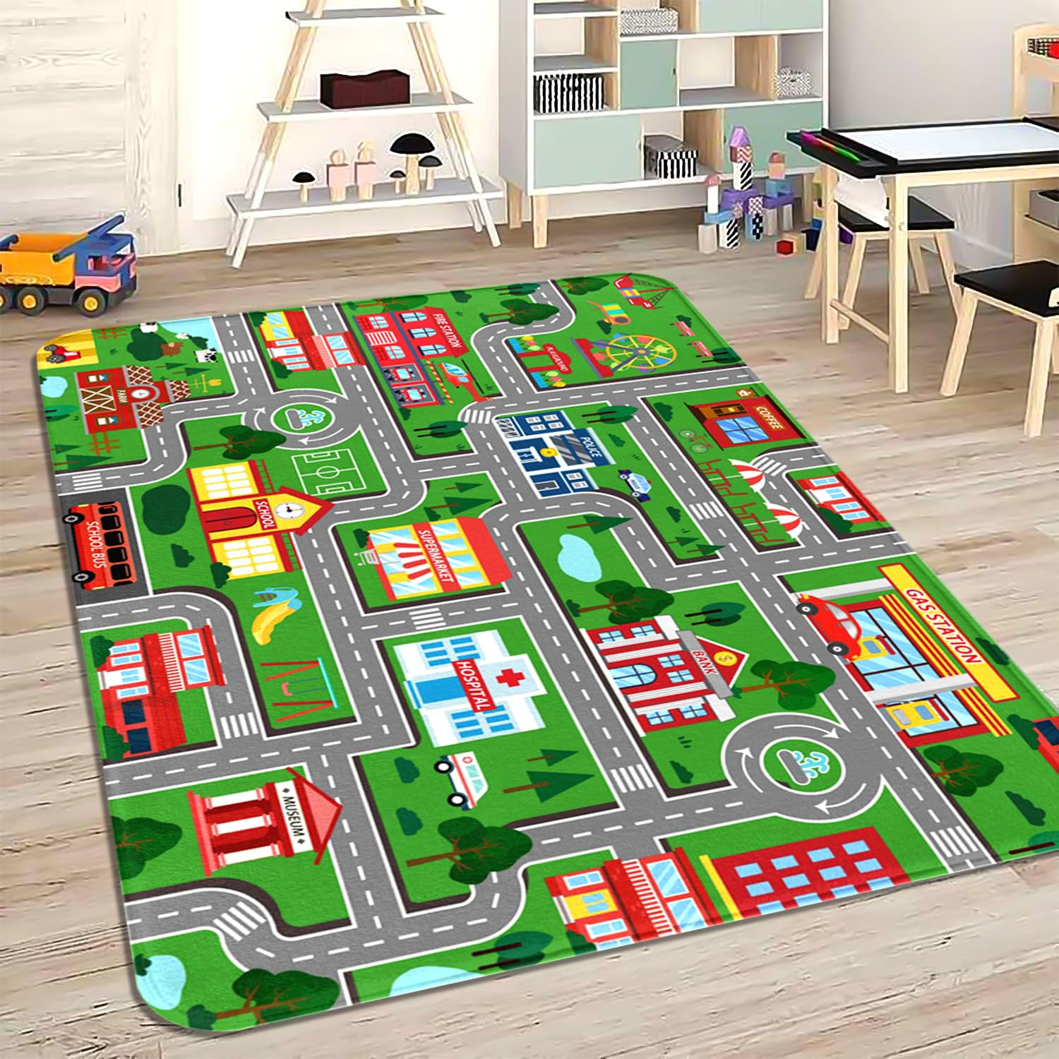 Kids Carpet Mat Rug, City Road Map Mat for Kids Cars, 5x7 FT, Educational Road Traffic Mat for Kids Bedroom, Nursery Room, Toddler Classroom, Area Rug for Preschool, Learn Safely
