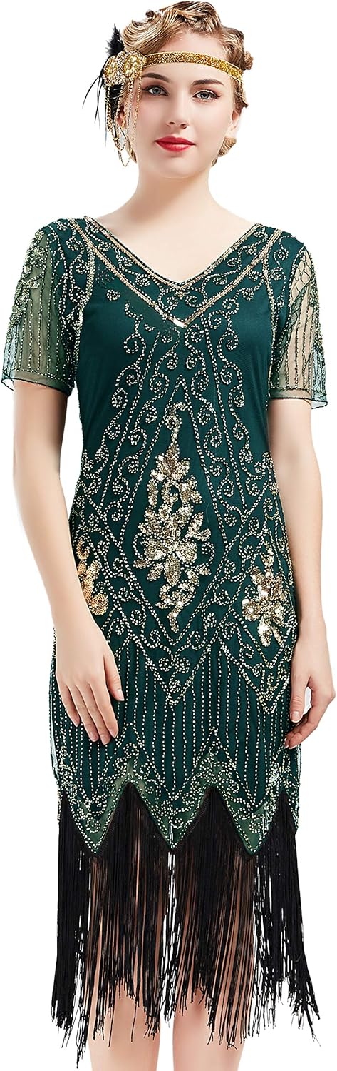 BABEYOND 1920s Art Deco Fringed Sequin Dress Roaring 20s Flapper Fancy Dress