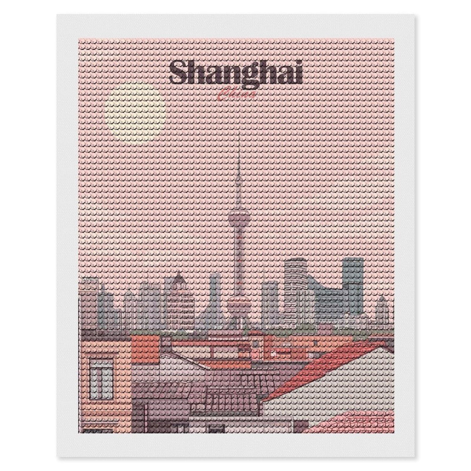 Junmoney Shanghai China Cityscape Illustration(2) Crystal Diamond Art Kit 16"x20", Stress Relief Craft, Decorative Artwork, Vintage Style Decor, Birthday Gift