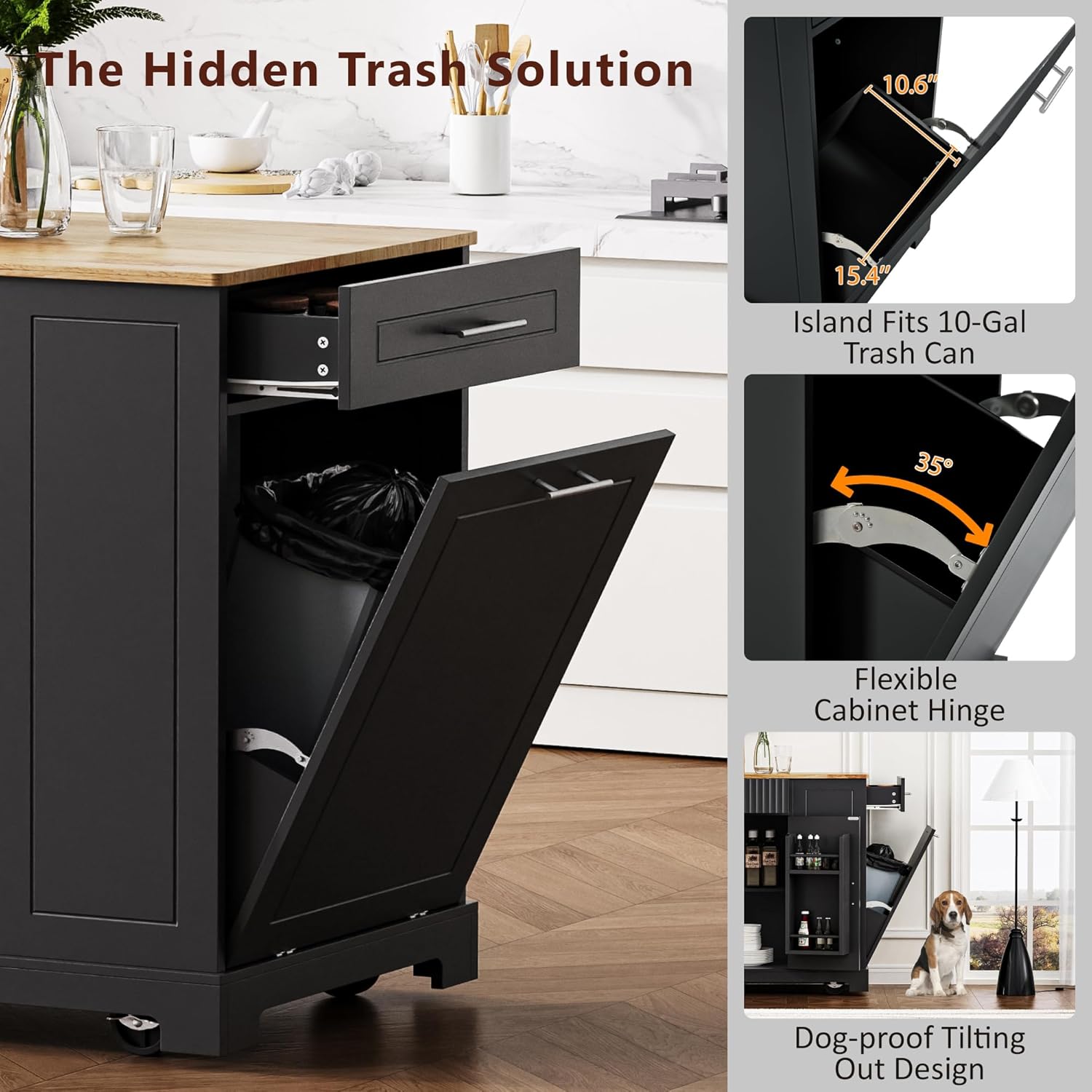 LUMISOL Kitchen Cart on Wheels with Trash Can Storage Cabinet, for 10 Gallon Garbage Bin, Rolling Kitchen Island with Internal Storage Rack, Power Outlet, 3 Drawers and Open Side Racks, Black