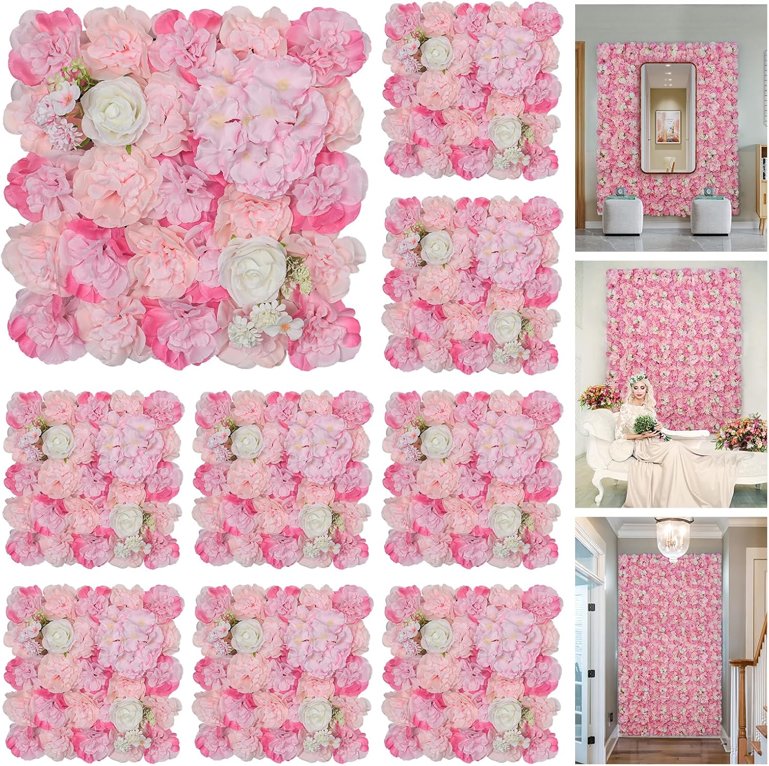 Flower Wall Backdrop 9pcs 16.5x16.5 Inch Flower Wall Decor Artificial Floral Wall Panel Ideal for Wedding Celebrations, Festive Party Birthday Backdrops and Elegant Home Decor Pink 9