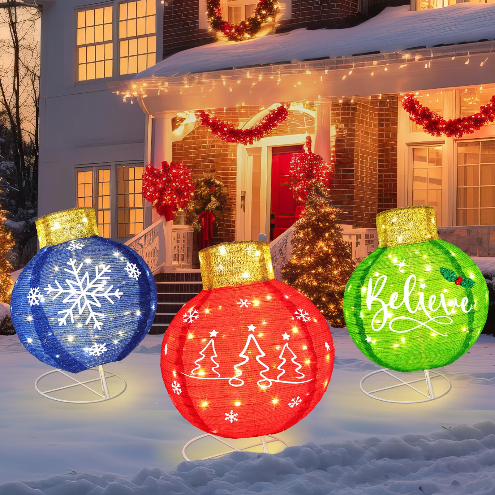 SIMILAR 3 Pcs Large Outdoor Christmas Ornaments with Warm White LED Lights Xmas Lighted Pop-up Ornaments of Merry Christmas Snowflake Believe for Holiday Yard Garden Lawn Porch Living Room