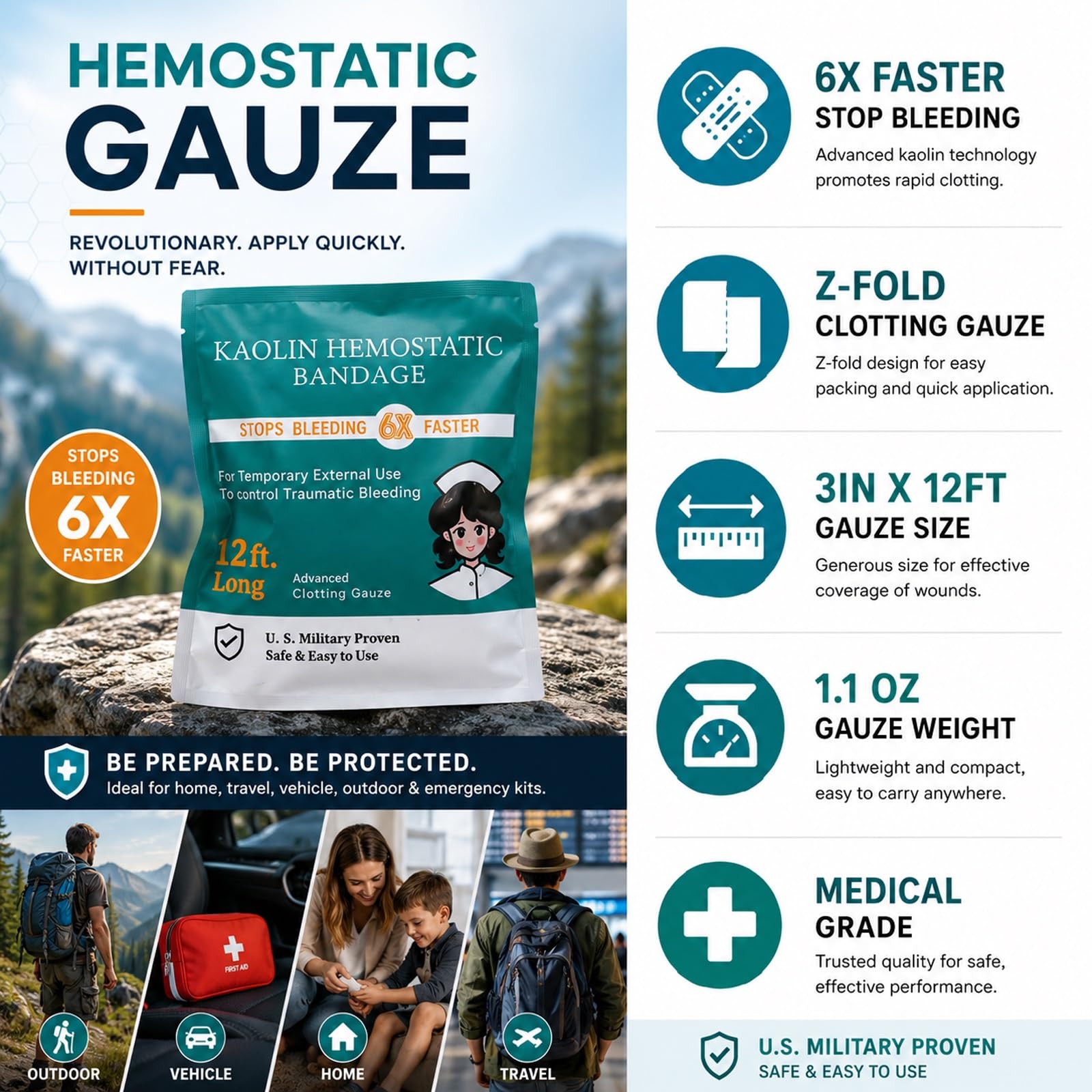 Quick Clot Gauze, kit avanzado de primeros auxilios para detener el sangrado de combate, gasa hemostática flexible, parada de sangrado más rápido, embalaje médico de heridas, suministros de kit de