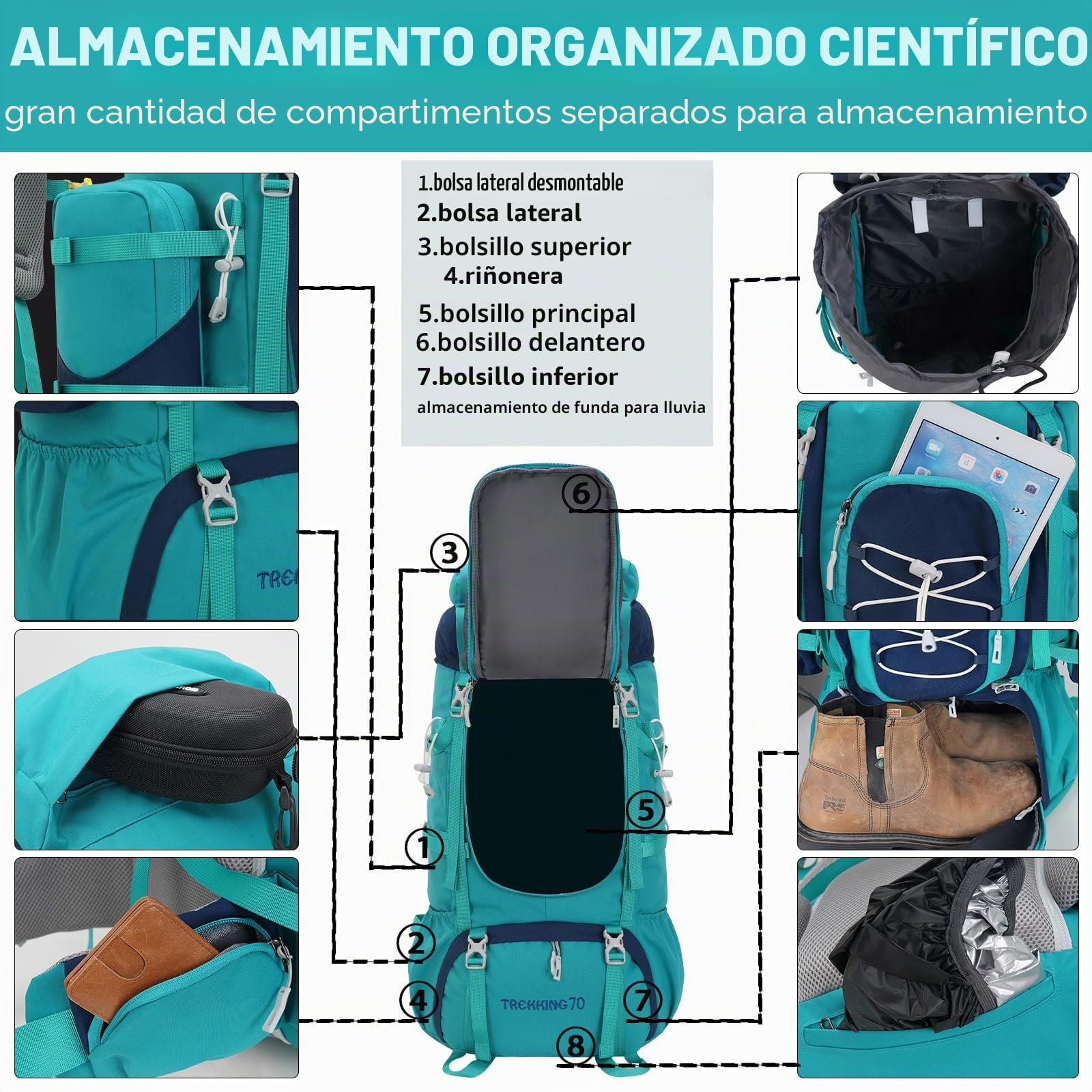 Bseash Mochila impermeable de 70 L (65+5) para senderismo, camping, con cubierta para lluvia, deportes al aire libre, viajes, para escalada y turismo