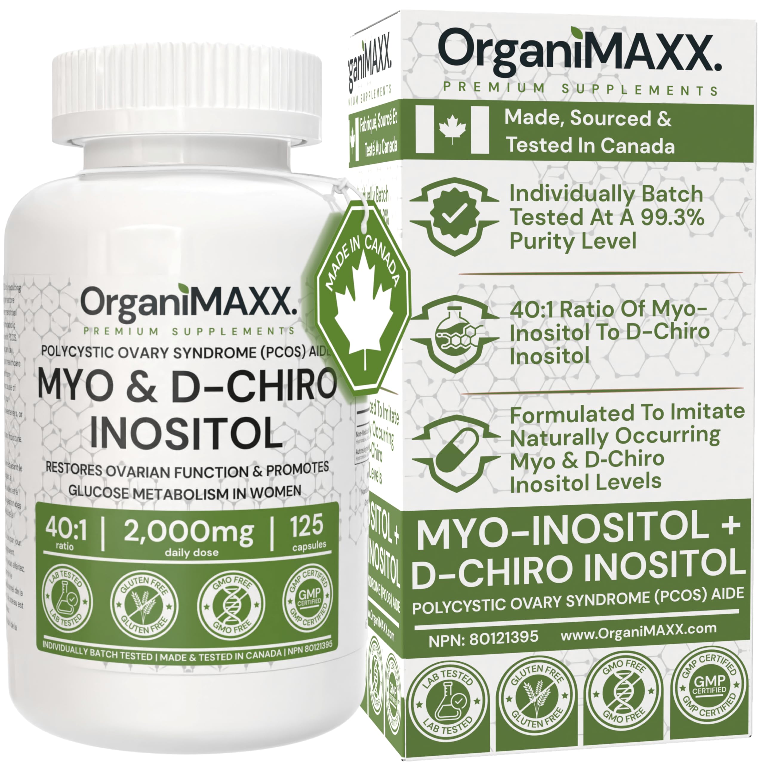 Myo-Inositol & D-Chiro Inositol Capsules | Max Strength 125 Capsules 2,000mg Daily Dose. PCOS Supplement For Women 40:1 Ratio | Inositol Hormone Balance Supplements Women, Restore Ovarian Function and Promote Glucose Metabolism.