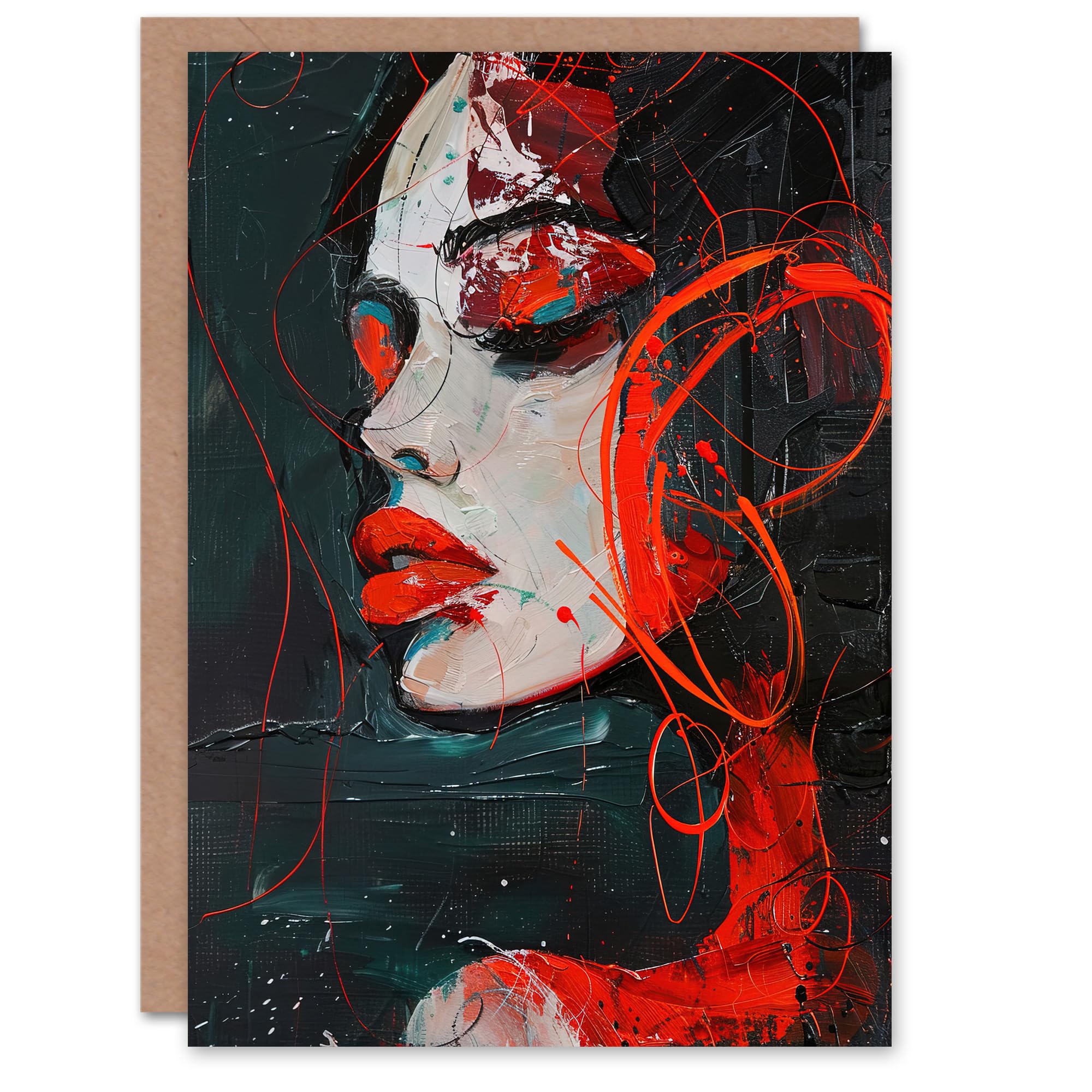 Artery8 Abstract Portrait Oil Painting Greeting Card Red