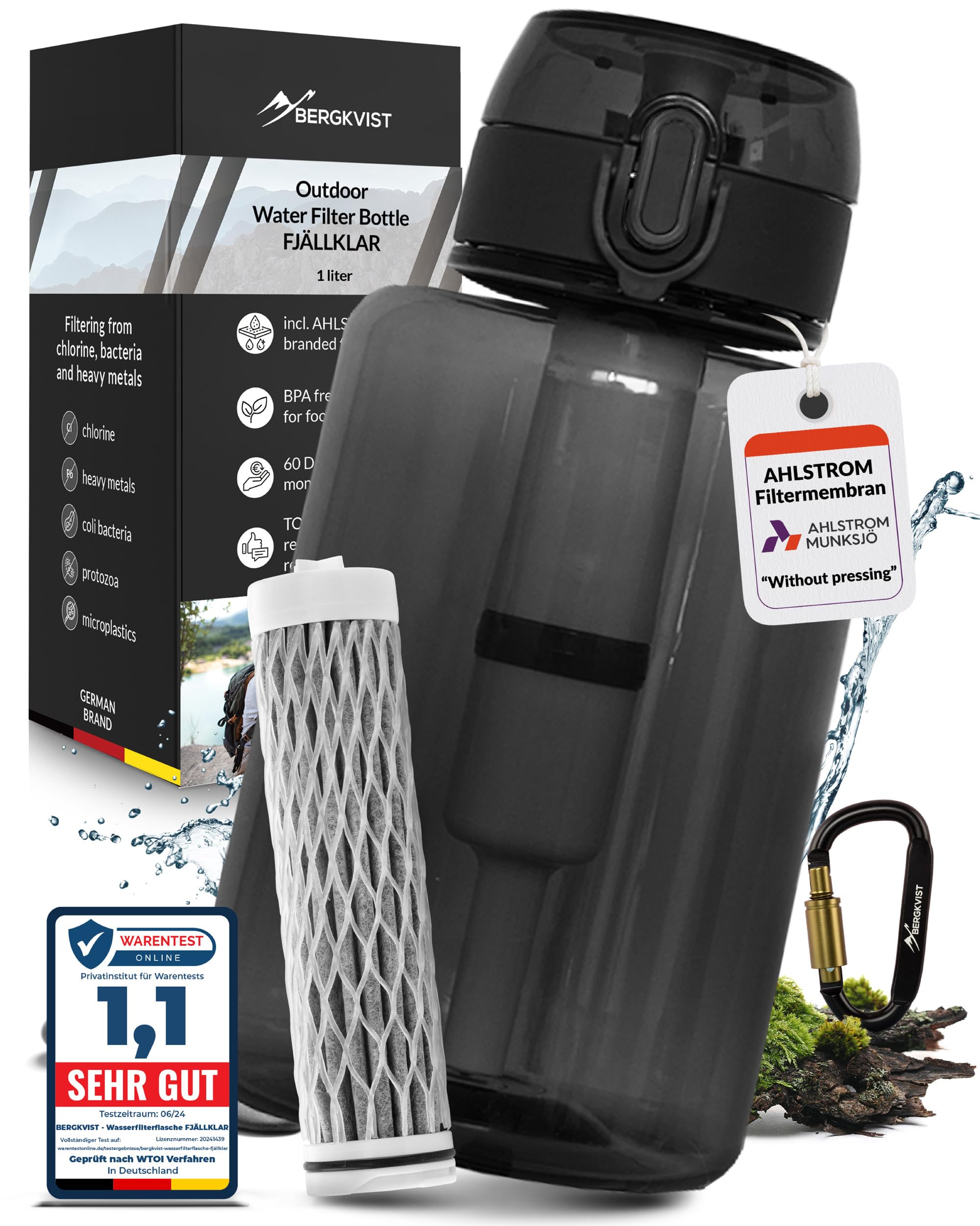 BERGKVIST® Bottiglia con filtro per acqua da esterno FJÄLLKLAR, 1l, nero | Borraccia da 1 litro con filtro di AHLSTROM® per acqua potabile pulita per campeggio, escursioni e sopravvivenza