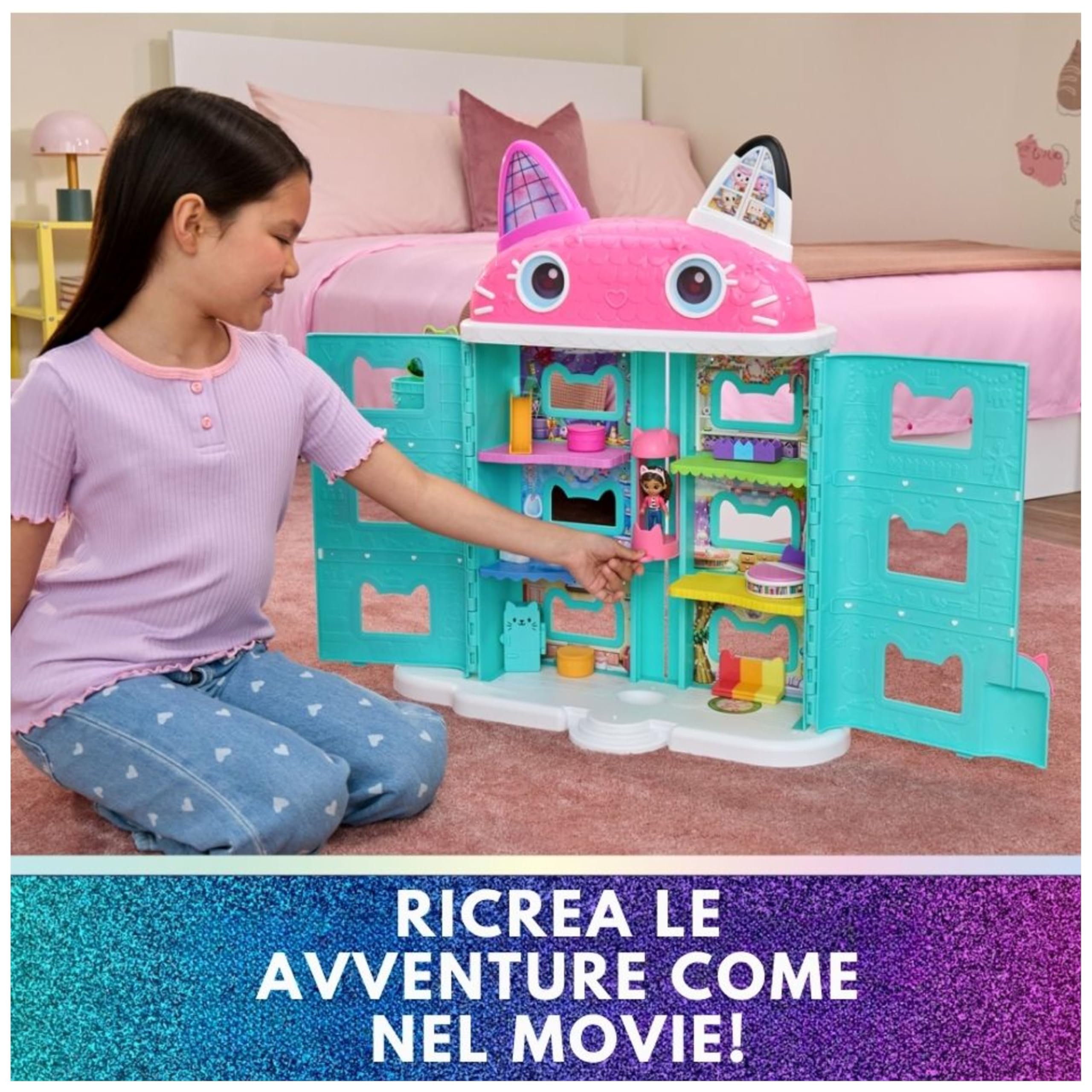 Gabby's Dollhouse The Movie, la Casa delle Bambole di Gabby a Tema Movie, Con Occhi Lenticolari, Personaggi e Mobili per la Casa delle Bambole, Alta 60 cm, 3+ Anni