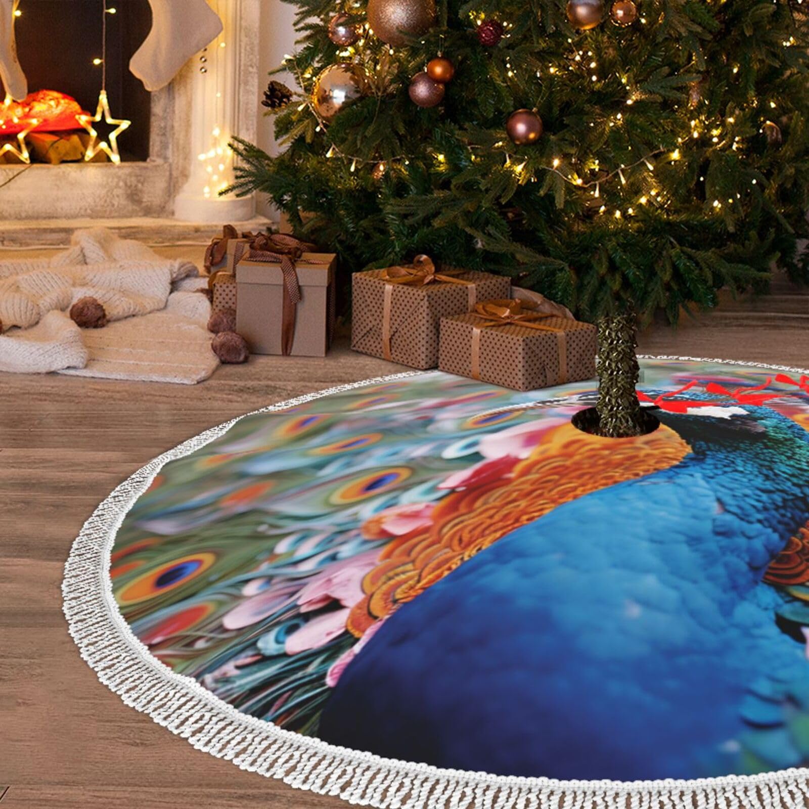 Jupe de sapin de Noël 121 cm cachant le pied d'arbre disgrilleux avec décor paon