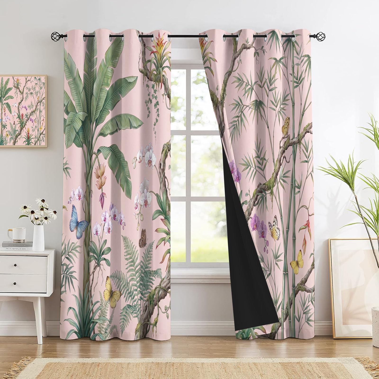 Tende Foresta pluviale tropicale Banano, bambù, orchidea Oscuranti 2 Pezzi 137 Altezza, Termiche Isolanti, Anti-Rumore, Ideali per Camera da Letto e Soggiorno, 117 X 137 cm, Rosa