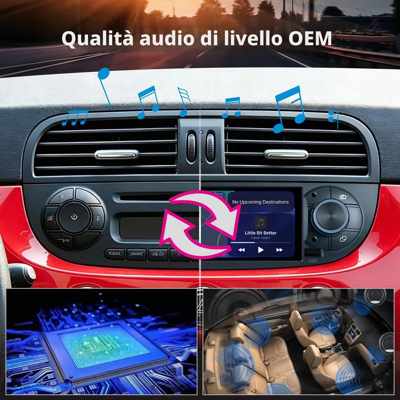 Autoradio Linux per Fiat 500 2007-2015 con CarPlay Wireless e Android Auto, avvio in 2 secondi, comandi fisici tramite manopola, audio di livello OEM, Porta ISO Plug & Play, Nero