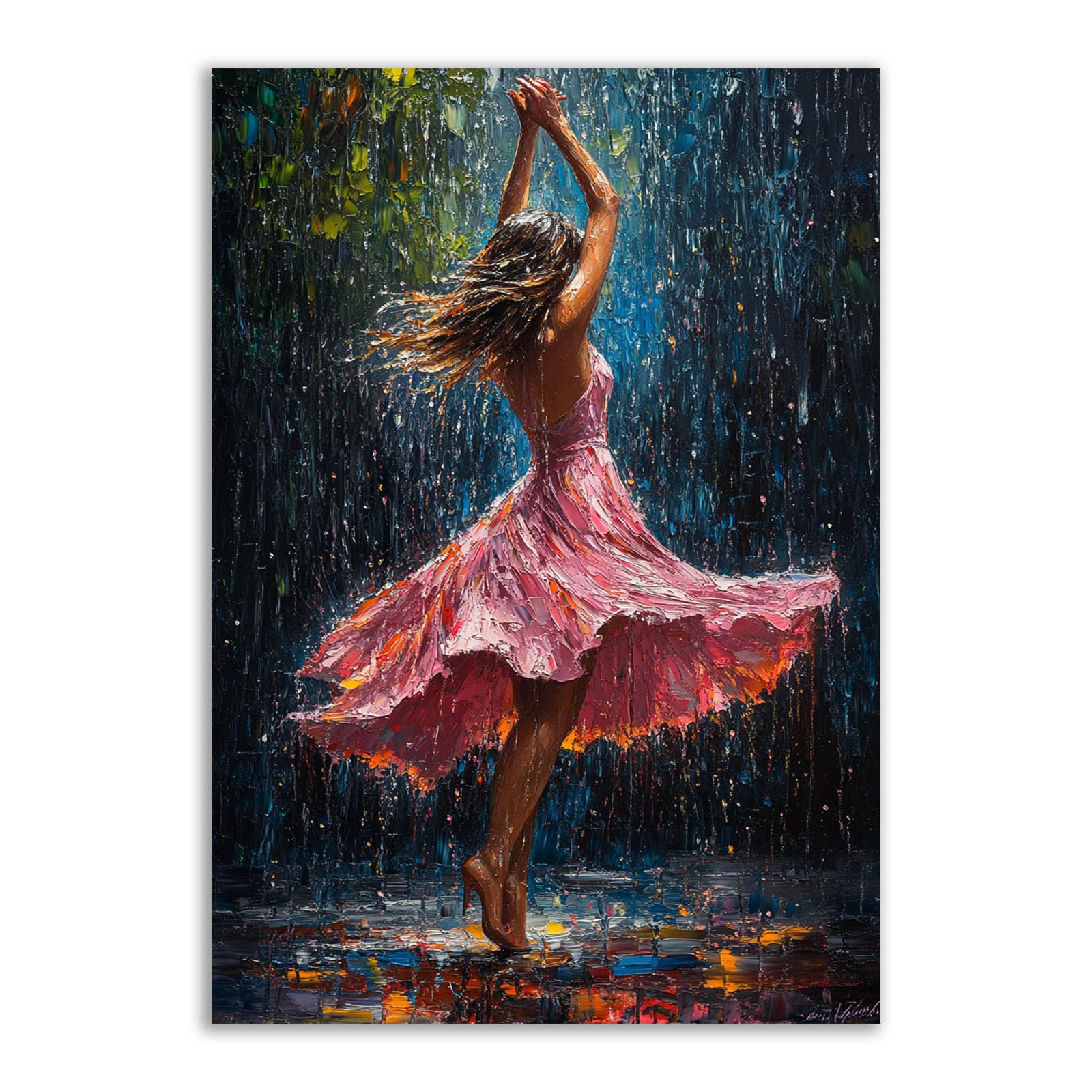 TERUEA Abstract Girl Painting Prints Woman Canvas Pictures Beautiful woman in pink dress dancing in the rain Picture Prints for Girls Room Bedroom Wall Decor(Pink)-60x90cm Unframed