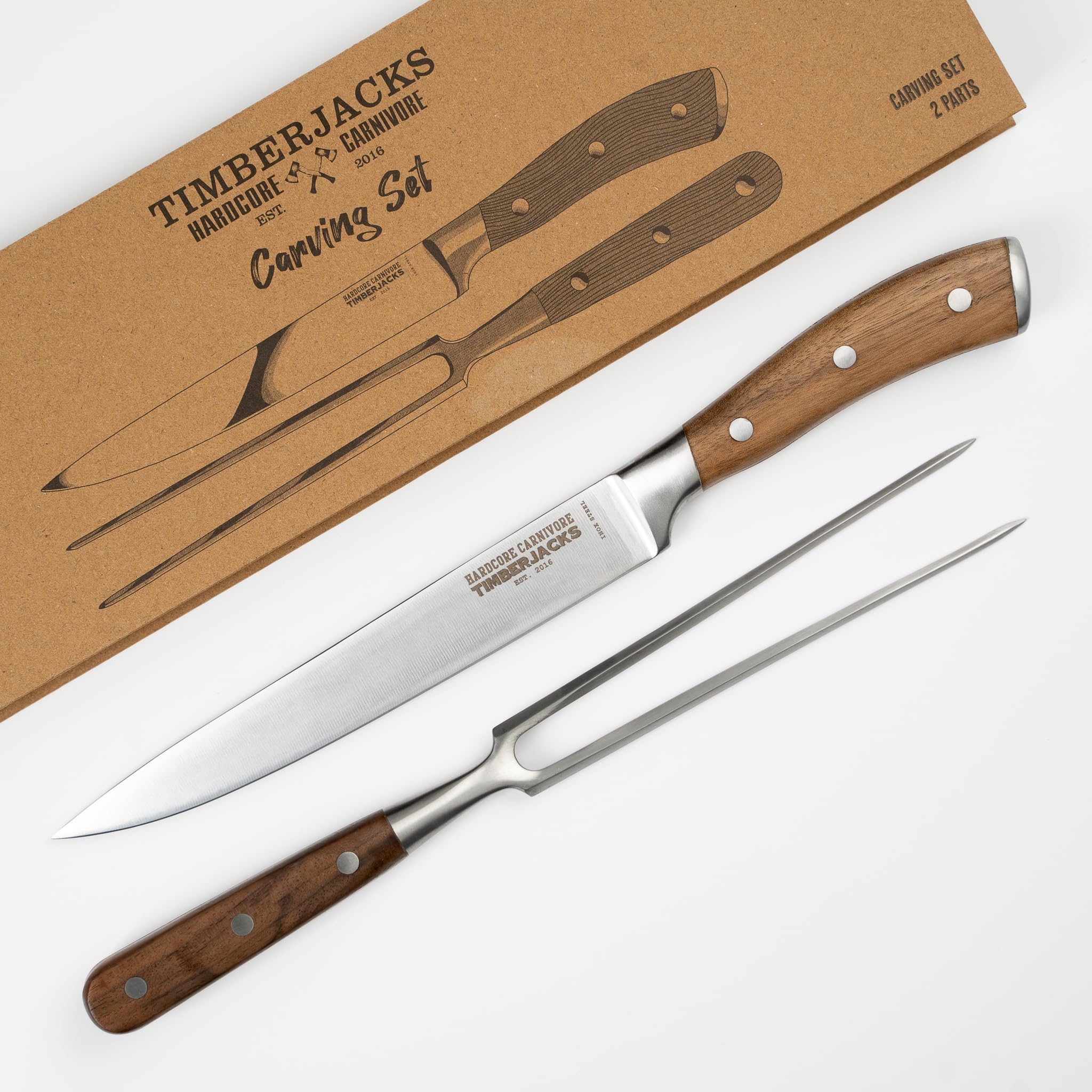 Timberjacks Carving Set, Tranchiermesser 36 cm und Fleischgabel 33 cm, Edelstahlklinge mit Walnussholzgriff, 2-teilig