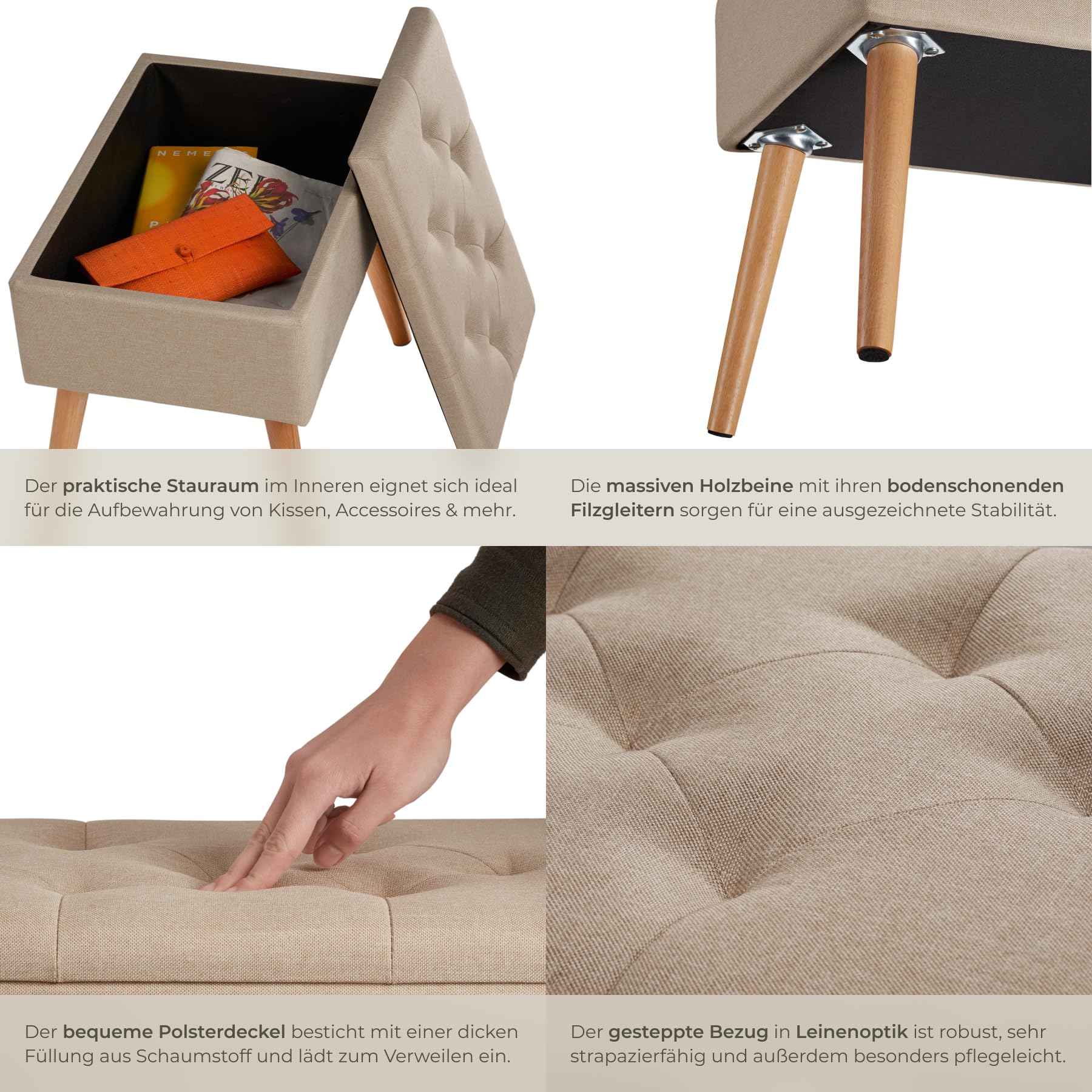 tectake® Hocker mit Stauraum, Sitzhocker mit Stauraum, Aufbewahrungsbox mit Deckel, Fußhocker in Leinenoptik, Hocker Holz Beine, als Sitzbank Flur, im Wohnzimmer oder Schlafzimmer - Sand