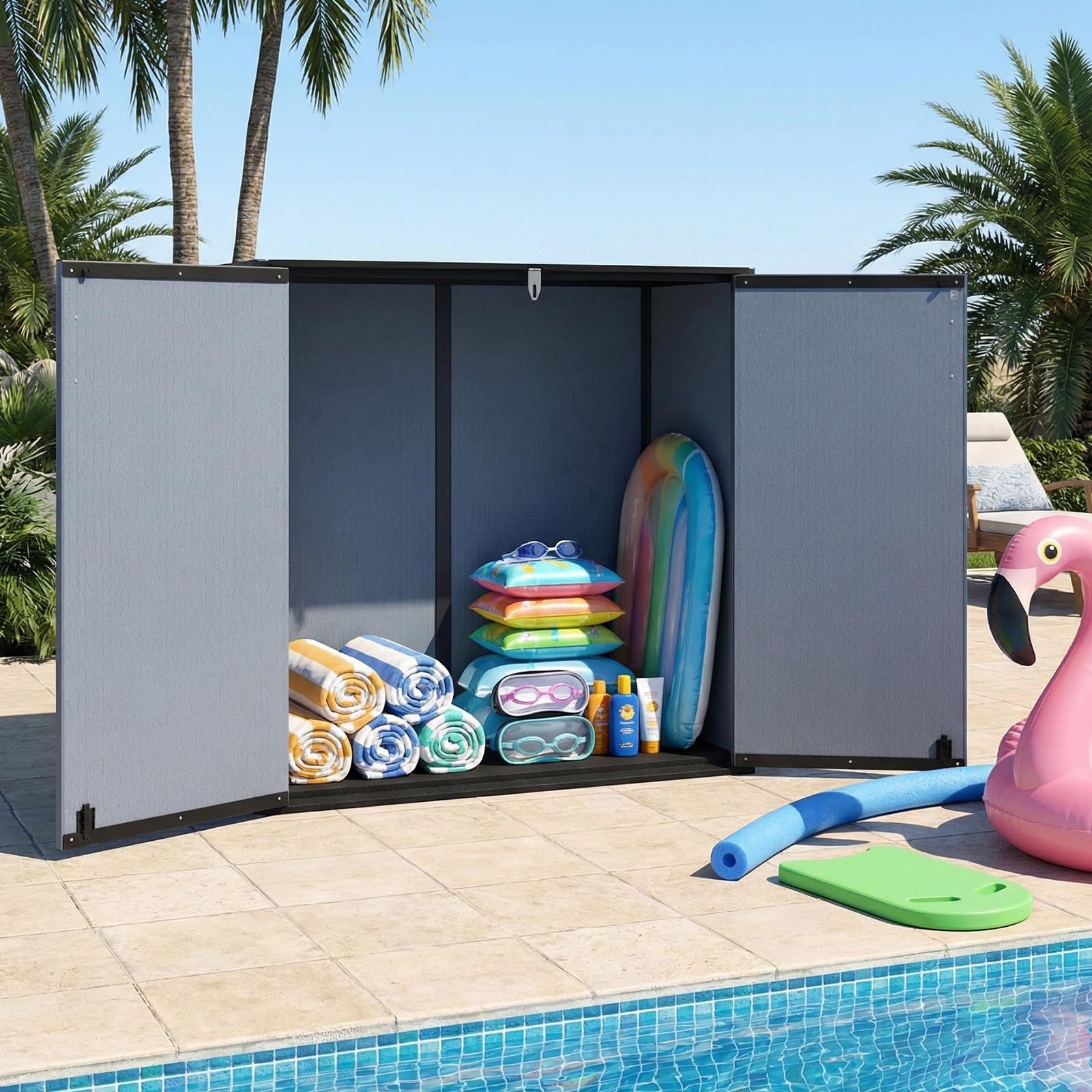 COSTWAY Armadio da Esterno e Interno Impermeabile, Mobile Contenitore per Attrezzi in Plastica PP e HDPE con Porta con Serratura e Tetto scanalato di Drenaggio, 120 x 65 x 117 cm (Grigio)