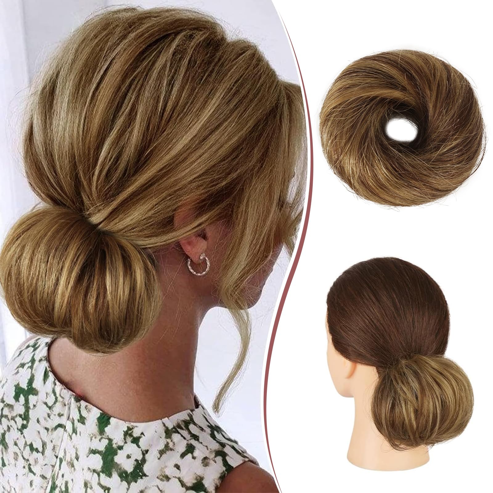 RUWISS Human Hair Bun Hair Piece Long Thin Straight Tousled Updo Bun Hair Pieces for Women Scrunchie Ponytail Extension 20g (Chocolate Blond Mixed
