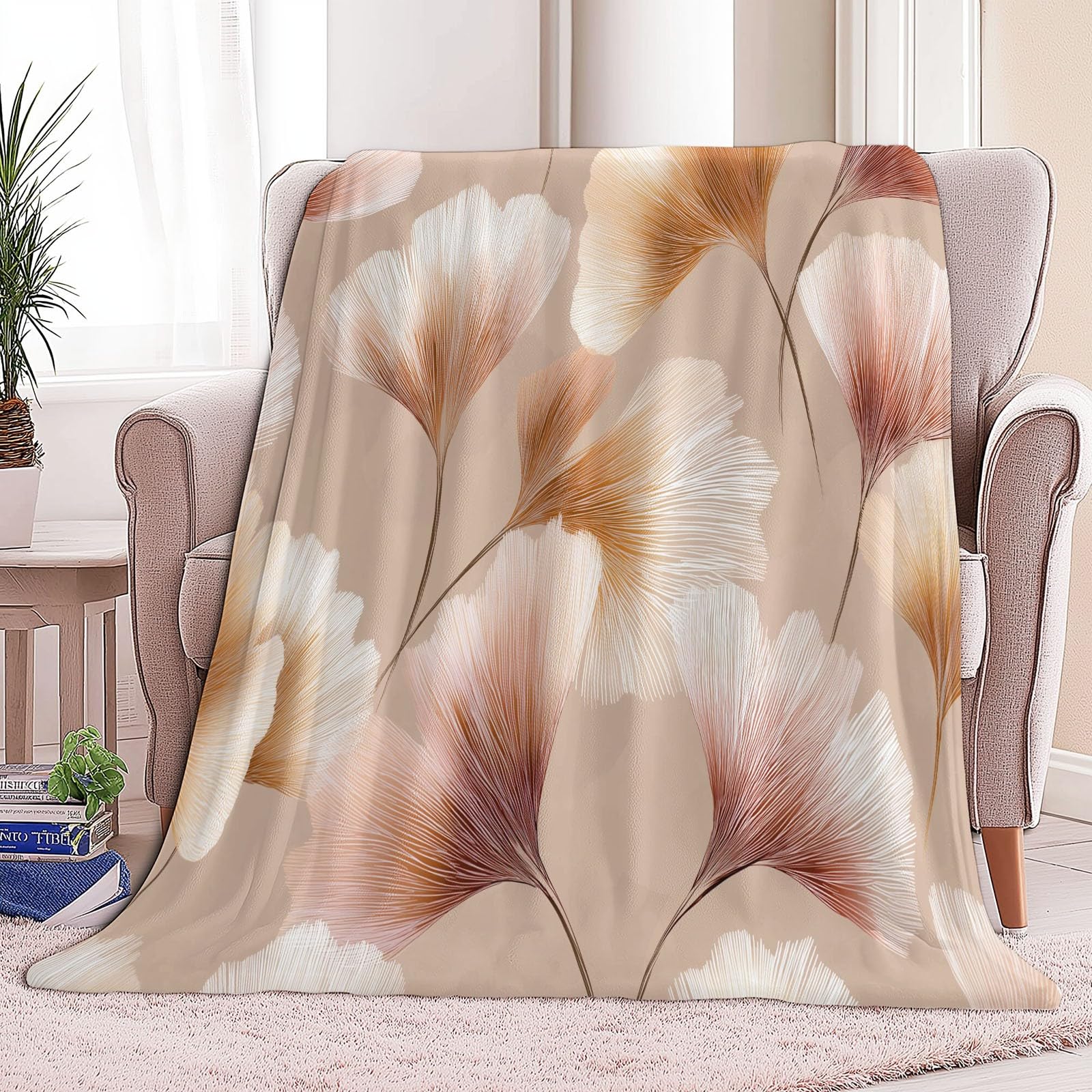 Genérico Manta de Franela de Forro Polar para Niños y Adultos 220 x 240 cm, Mantas para Sofa Estampado Exquisito Naturaleza Hoja De Ginkgo - Manta Crema Suave Cálida Transpirable Ligera