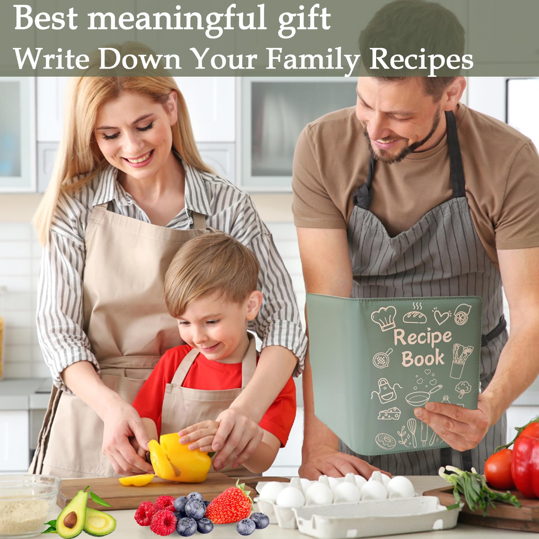 IdeaMarlle Rezeptbuch zum Einschreiben eigener Rezepte, Ledereinband, Rezeptbuch mit Aufklebern, Rezeptjournal für 160 Rezepte, Brautdusche Geschenke (Grün)