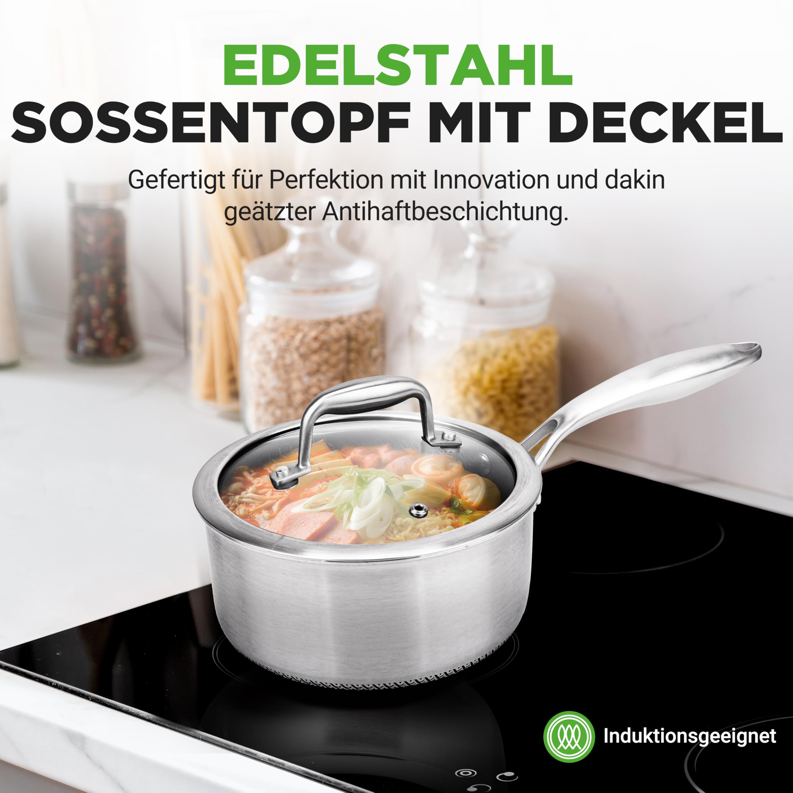 Nutrichef Stielkasserolle Ø 19cm, 2 L Topf Klein- aus Edelstahl mit Glasdeckel – Kratzfeste Wabenstruktur, Hochwertiger Saucentopf für Kleine Mengen, Saucen & Butter, Sortiert