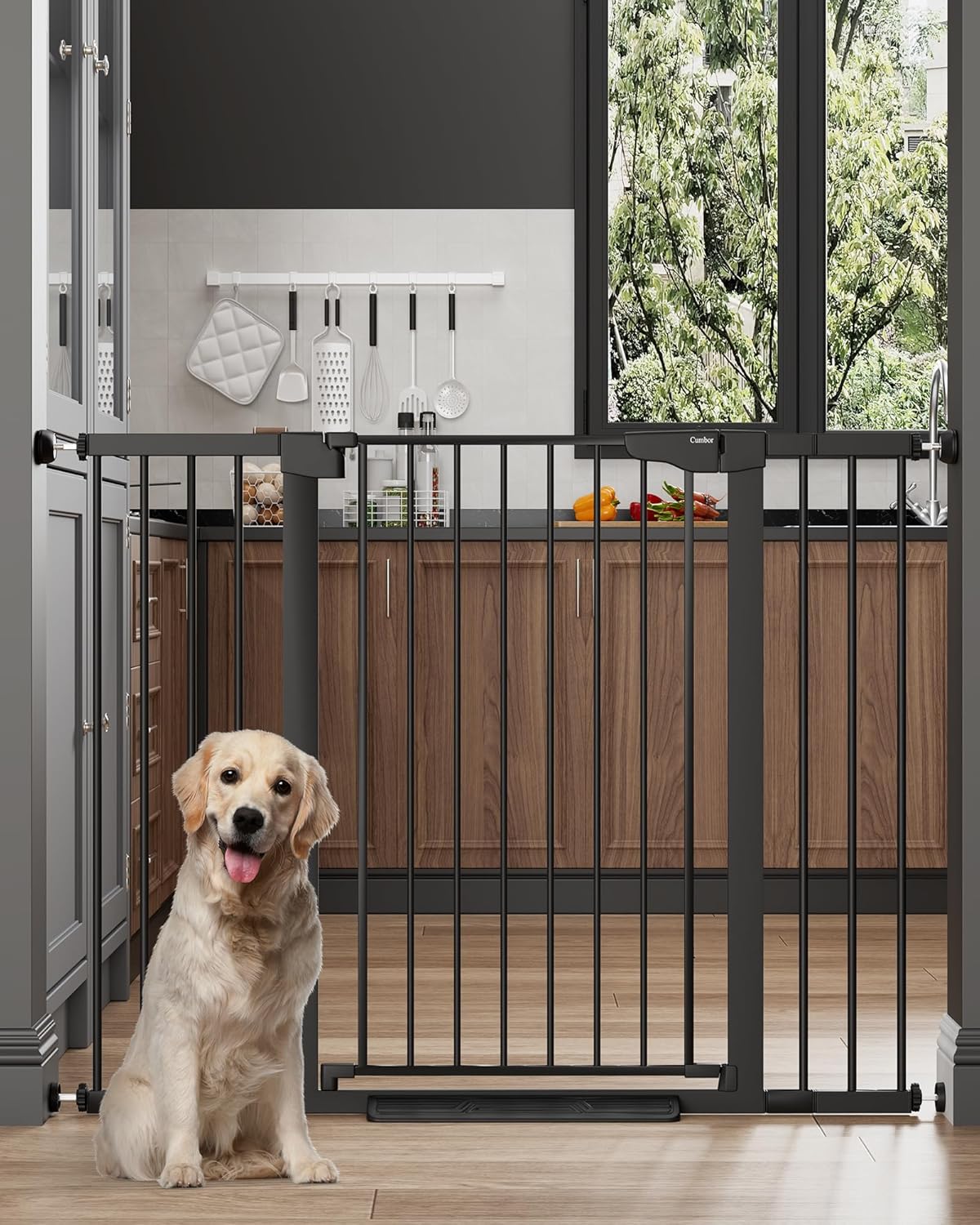 Cumbor 36" Extra Tall 29.7"-51.5" Baby Gate for Stairs, Easy Wall Through Dog Gates for Doorways Extra Wide, Pressure Mounted Tall Pet Gate Indoor, Safety Auto-Close Child Gate for Kids, Black Black 29.7-51.5"W x 36"H
