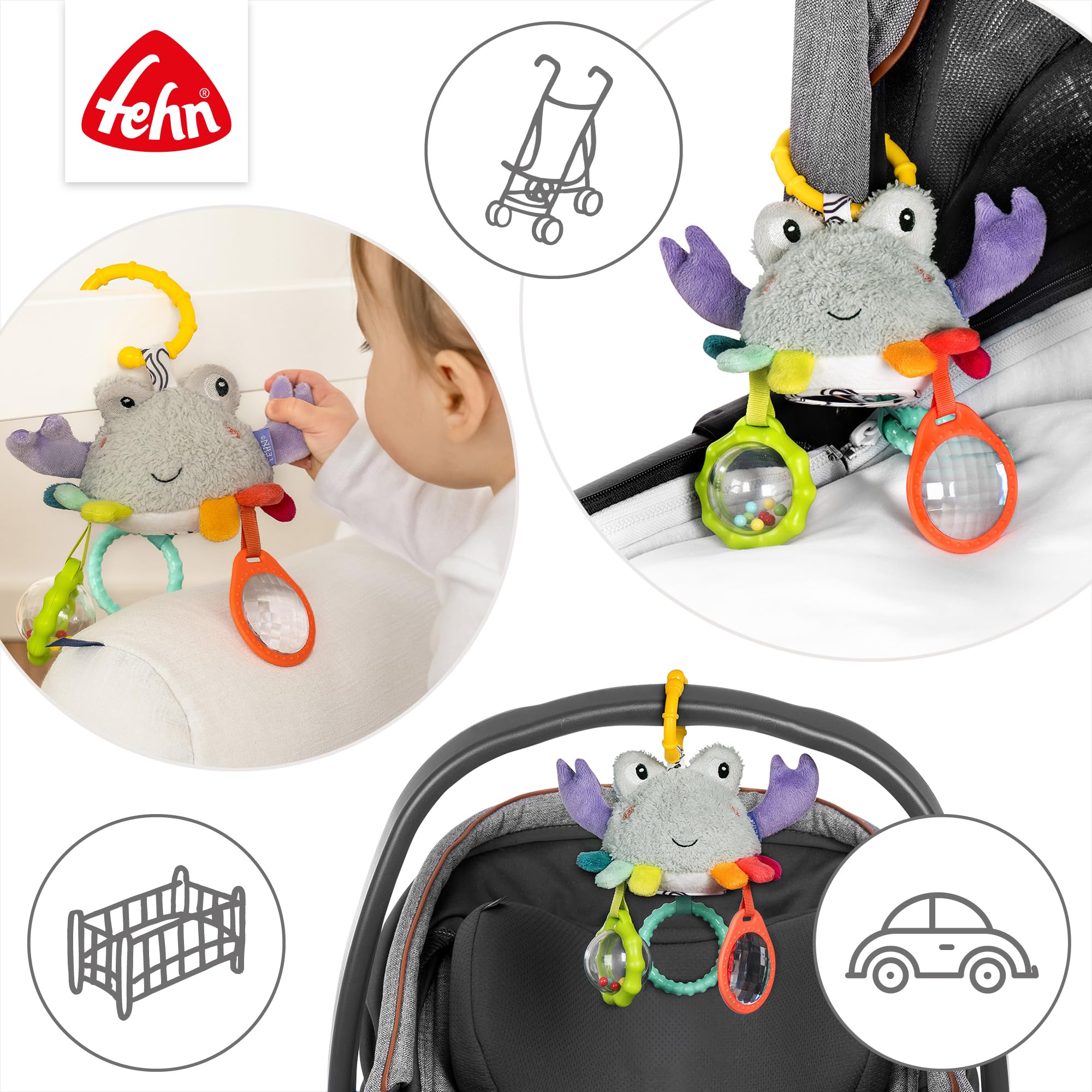 Fehn Mini-Mobile Krabbe – Motorikspielzeug Zum Aufhängen für Kinderwagen, Kinderbett und Babyschale – Zum Beißen, Greifen und Geräusche erzeugen – Spielzeug für Babys und Kinder AB 3+ Monaten