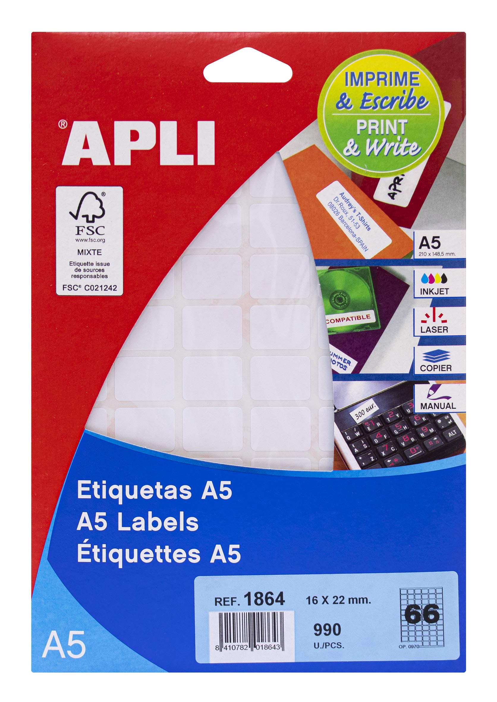 APLI 1864 - A5 White Labels 16x22mm 15 Sheets