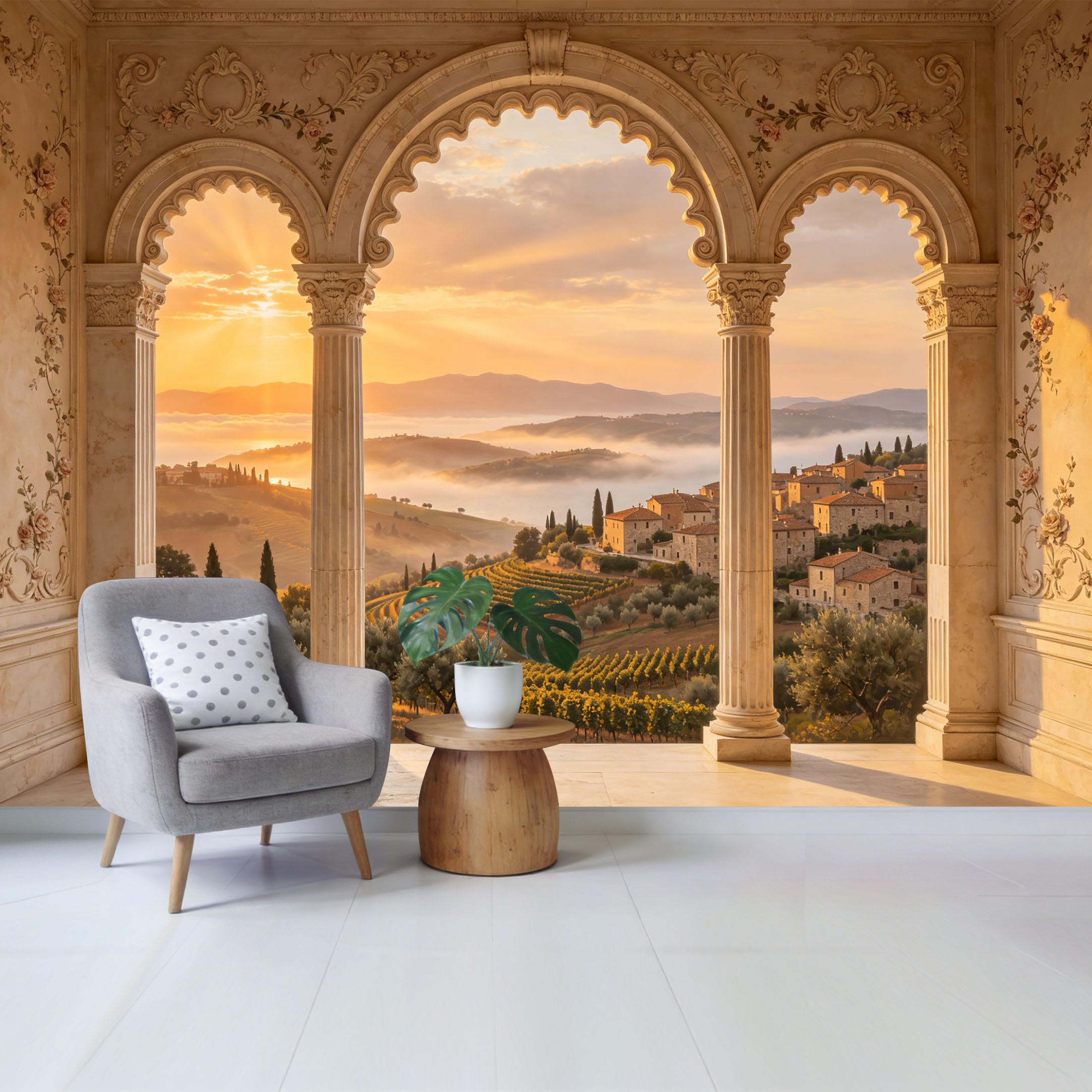 Removable Self Adhesive Fabric Mural， Tuscan Sunset Vineyard Landscape Custom Size Wall Covering， UV Protected Waterproof Washable Wall Decor for Living Room Bedroom Bathroom