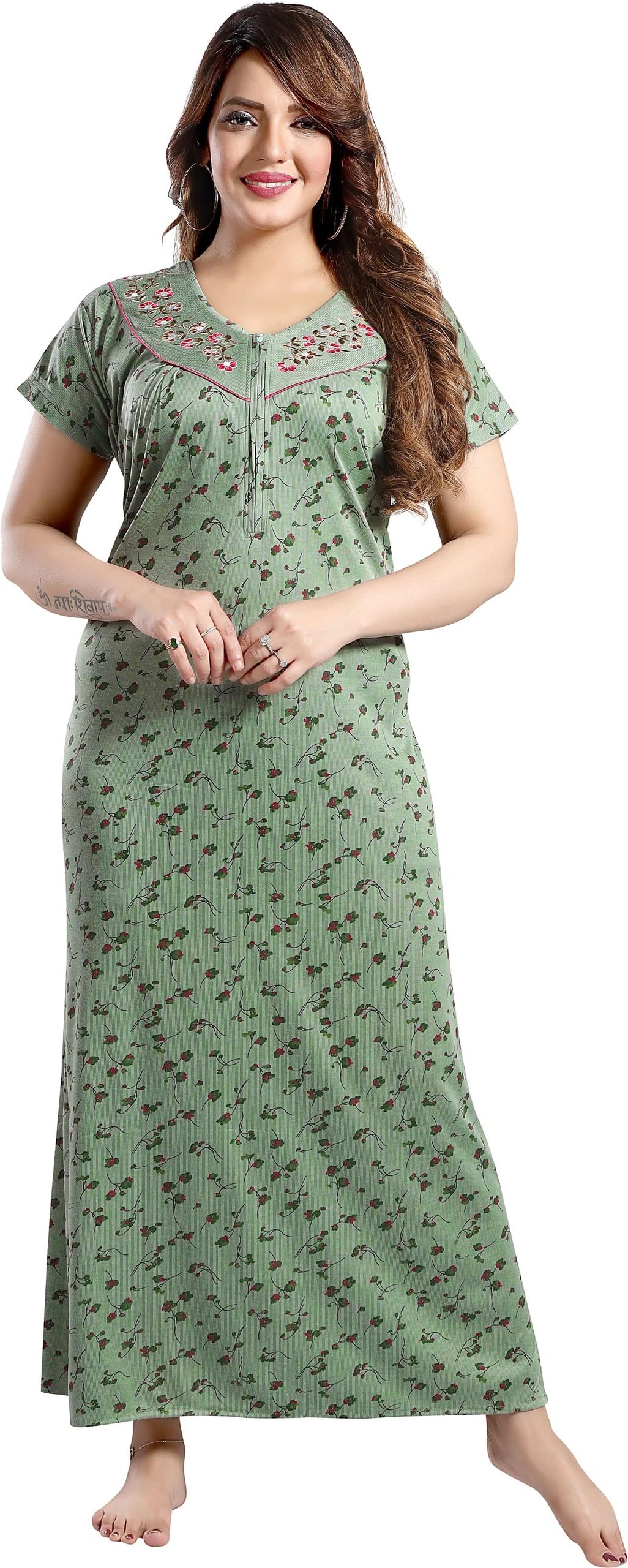Women’s Printed Hosiery Nighty | Soft & Comfortable Cotton Blend Night Gown for Women | Floral Printed Full Length Sleepwear | Half Sleeve Lounge Wear Nightdress-image-35