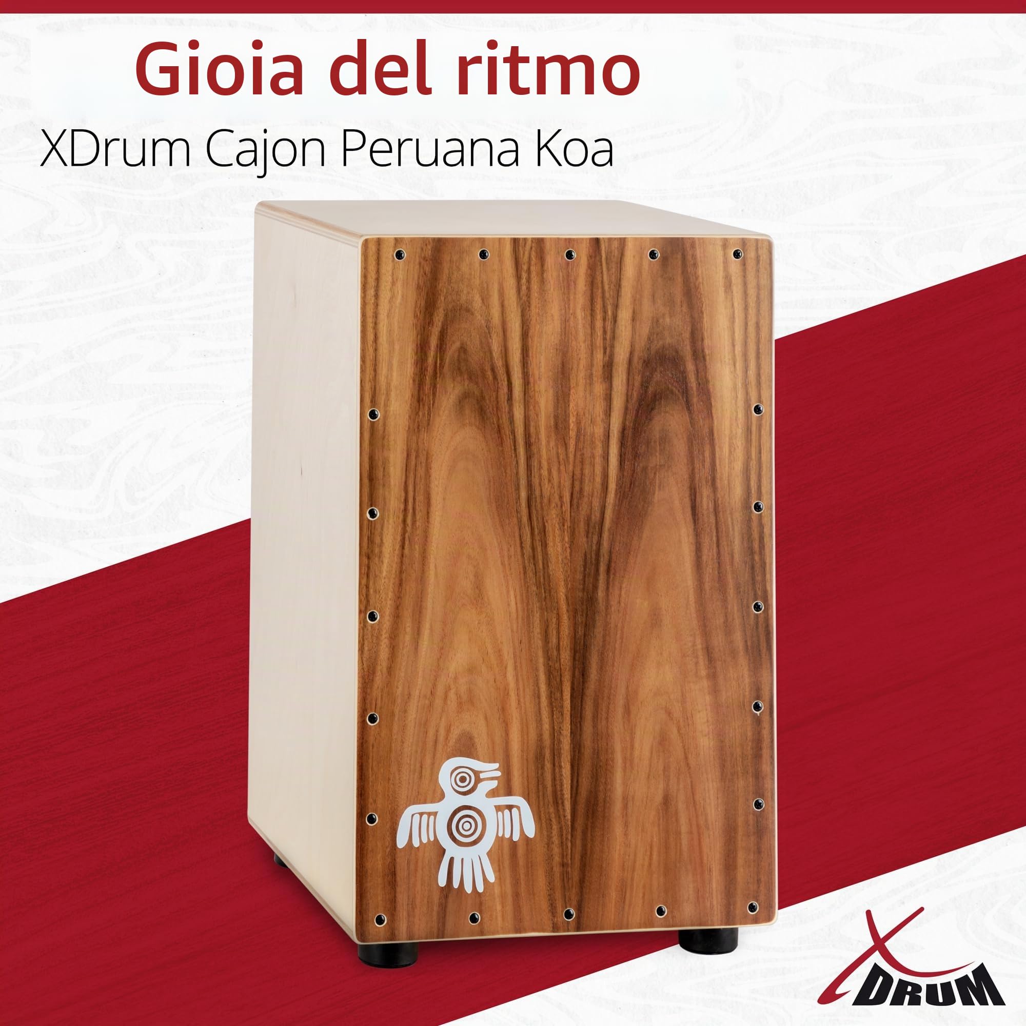 XDrum Cajon Peruana Koa, Piastra da battuta da 3 mm in koa, 5 cm, 2 kg | Suoni di basso e rullante molto differenziati e presenti, Corpo in betulla da 9 mm (7 strati), Clap corners regolabili, 5 cm