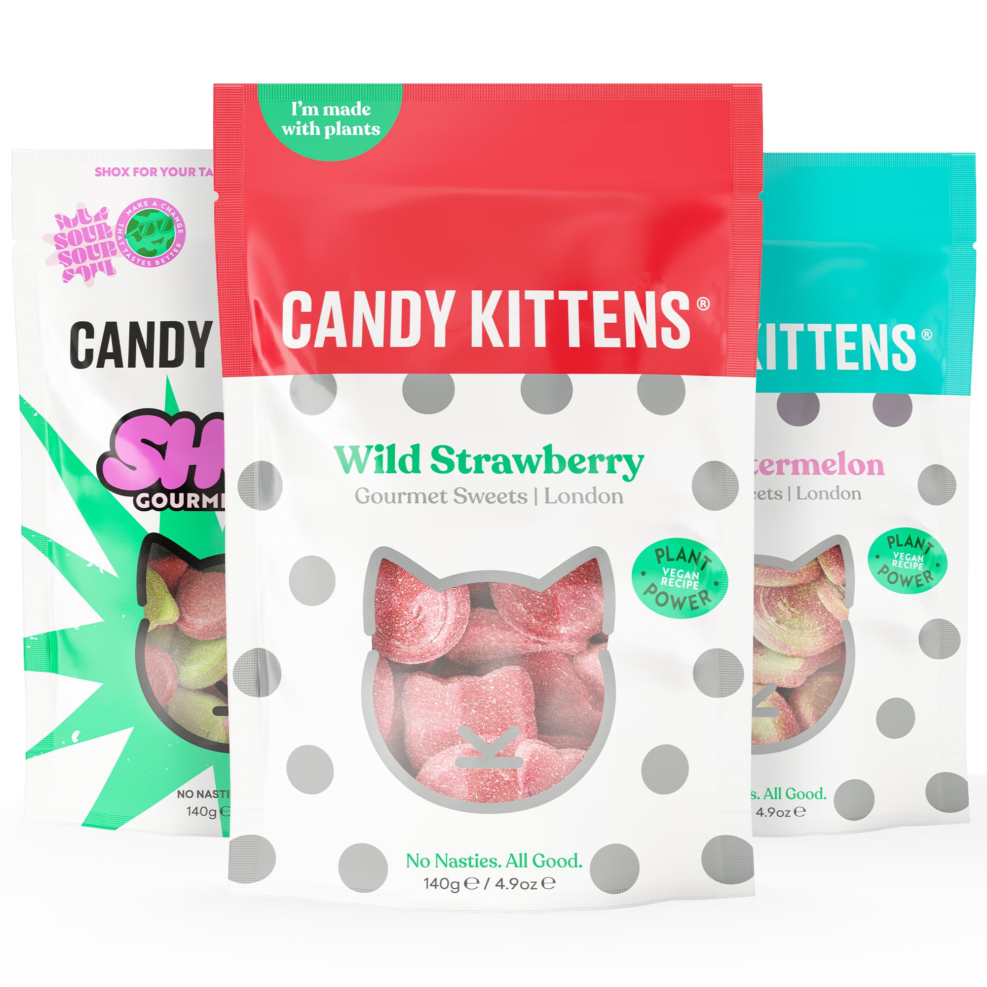 Candy Kittens Vegan Sweets MINI-LUXE Selection (3 x 140g), Vegan Chewy Sweets Bundle - 3 Packs - Wild Strawberry, Sour Watermelon & Shox, Fruity & Delicious Vegetarian Treats