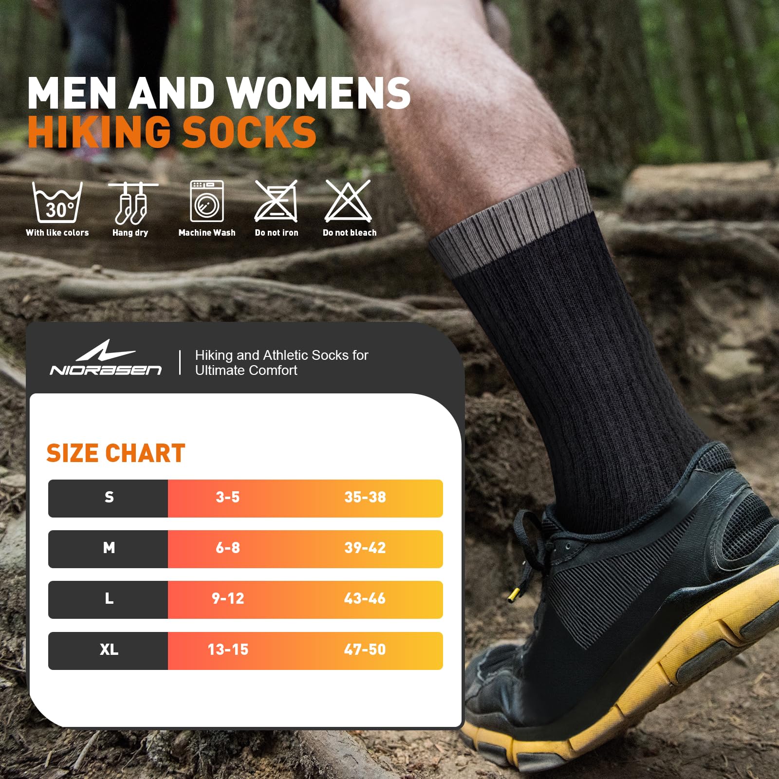 Niorasen Merino Wool Hiking Socks for Men & Women, Thick Cushioned Walking Socks, Seamless & Breathable Anti-Blister Crew Socks for Sports, Running, Outdoor, Work, Cycling, Trekking,3 Pairs Unisex — view 8