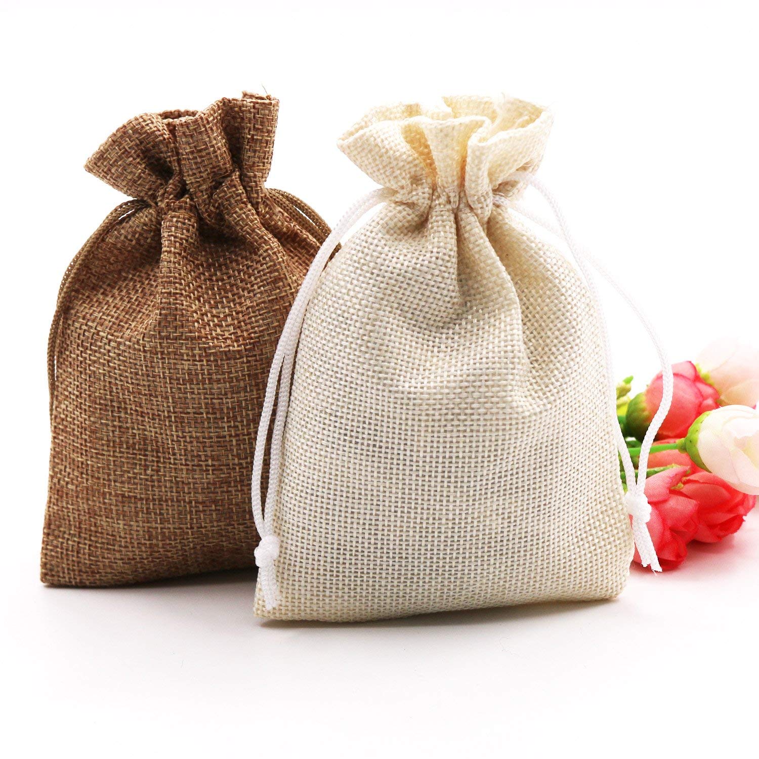 Penubuy 24 jute cadeauzakjes met trekkoord en cadeauhangers, 12 x 18 cm, herbruikbare kleine stoffen zakjes voor snoep, munten, sieraden, feestjes (twee kleuren, groot