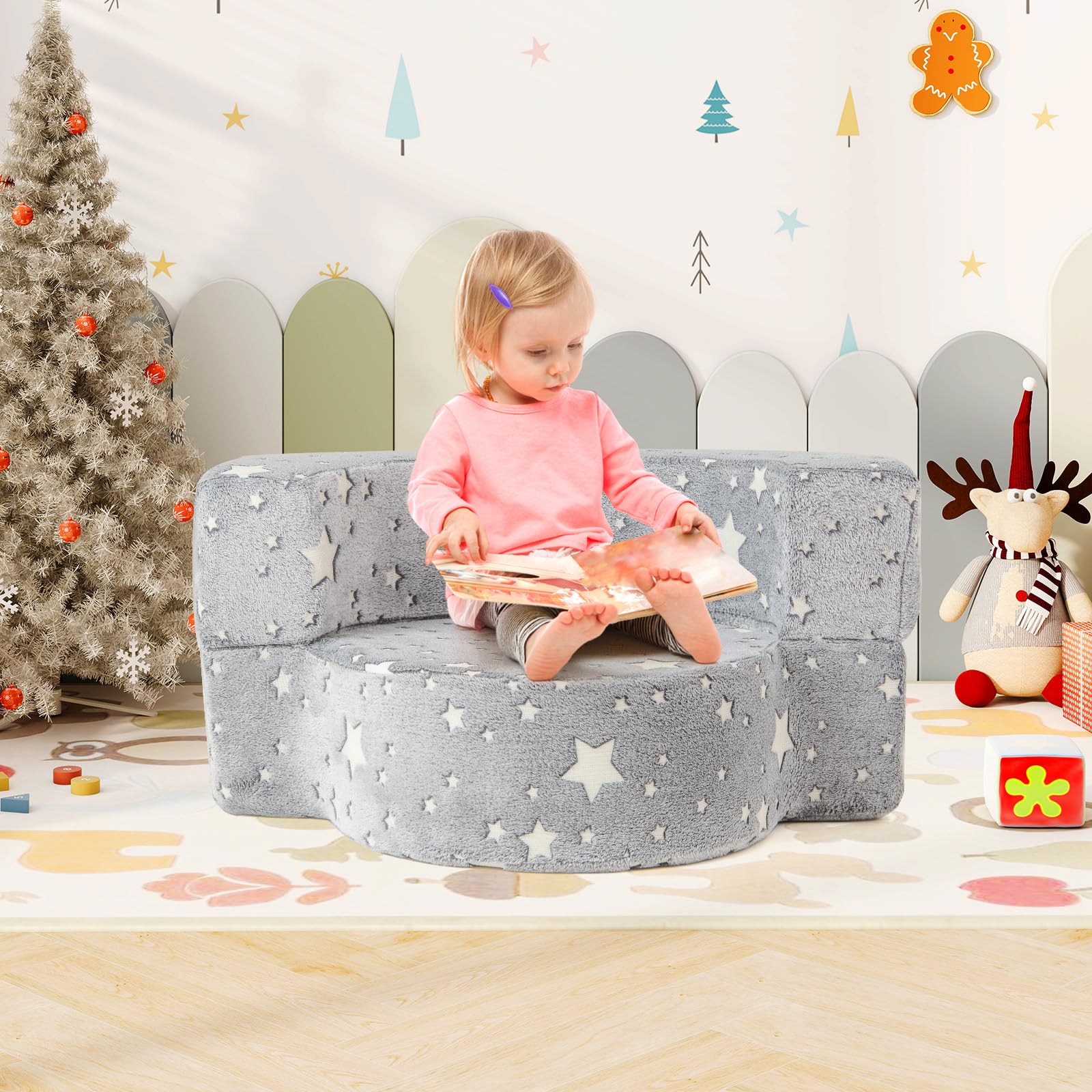 Costzon Kids Couch, 2 in 1 Convertible Toddler Reading Chair Sofa Glow in The Dark with 8-inch Sitting Cushion, Flannel Cover, Lightweight Children