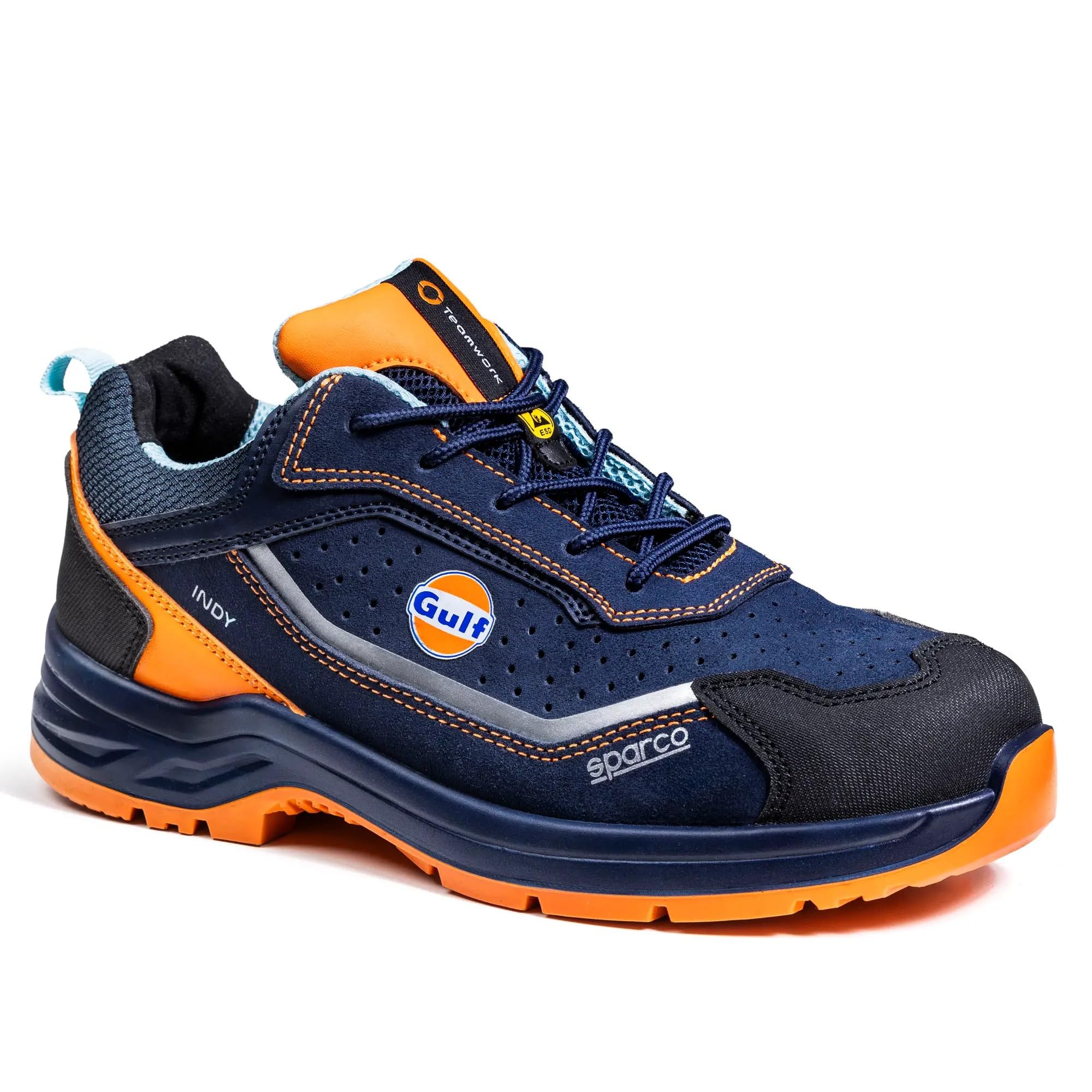 Sparco Indy Gulf Meteor S1PS ESD LG Oddychające zamszowe buty ochronne bez metalu, podeszwa do drabiny Grip. Sportowy wygląd. EU 45