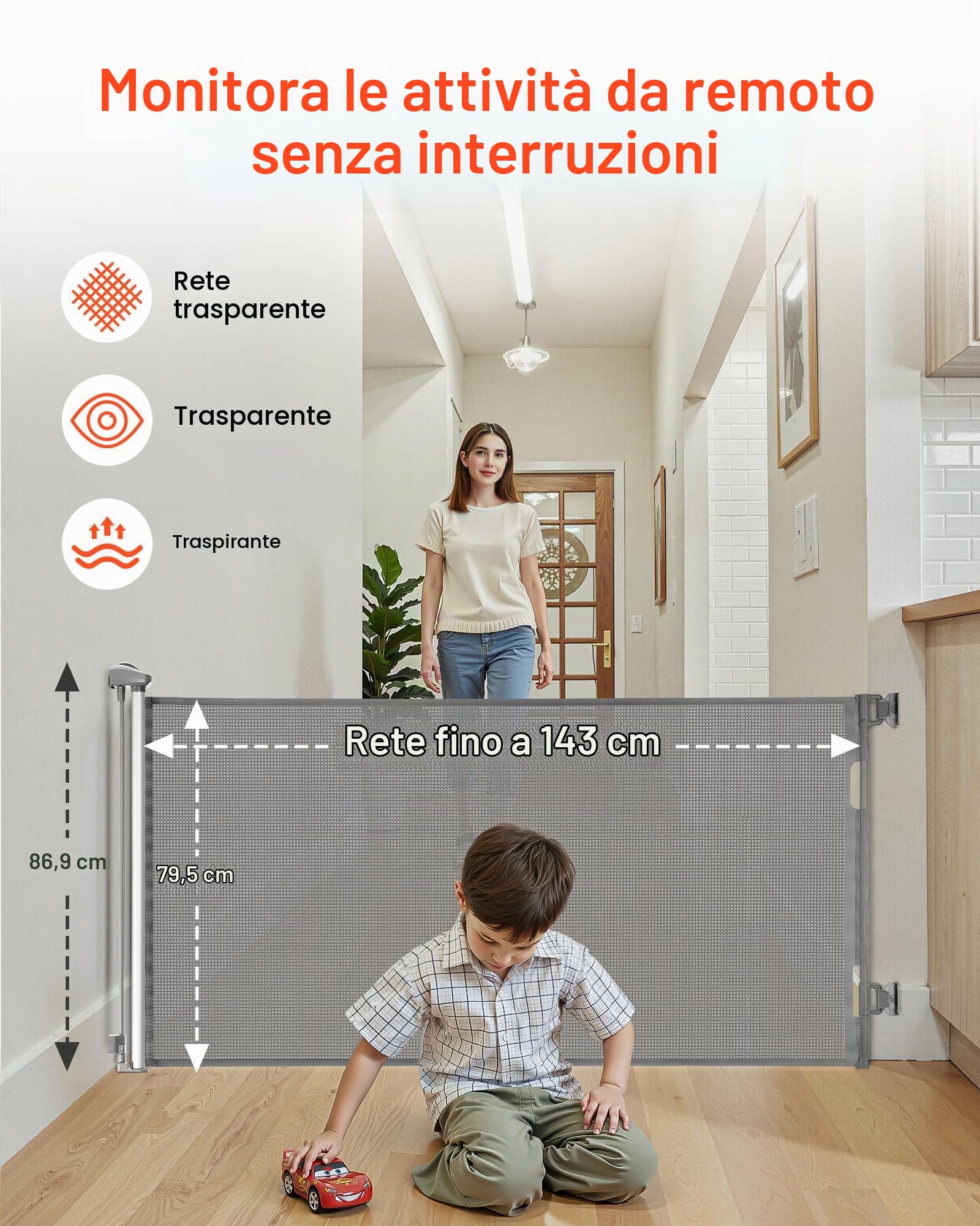 VEVOR Cancelletto Retrattile, Estensibile Fino a 1430 mm di Larghezza, 795 mm di Altezza, con Blocco di Sicurezza, Attraversabile Senza Inciampare, Cancelletto in Rete per Cani Scale, Grigio