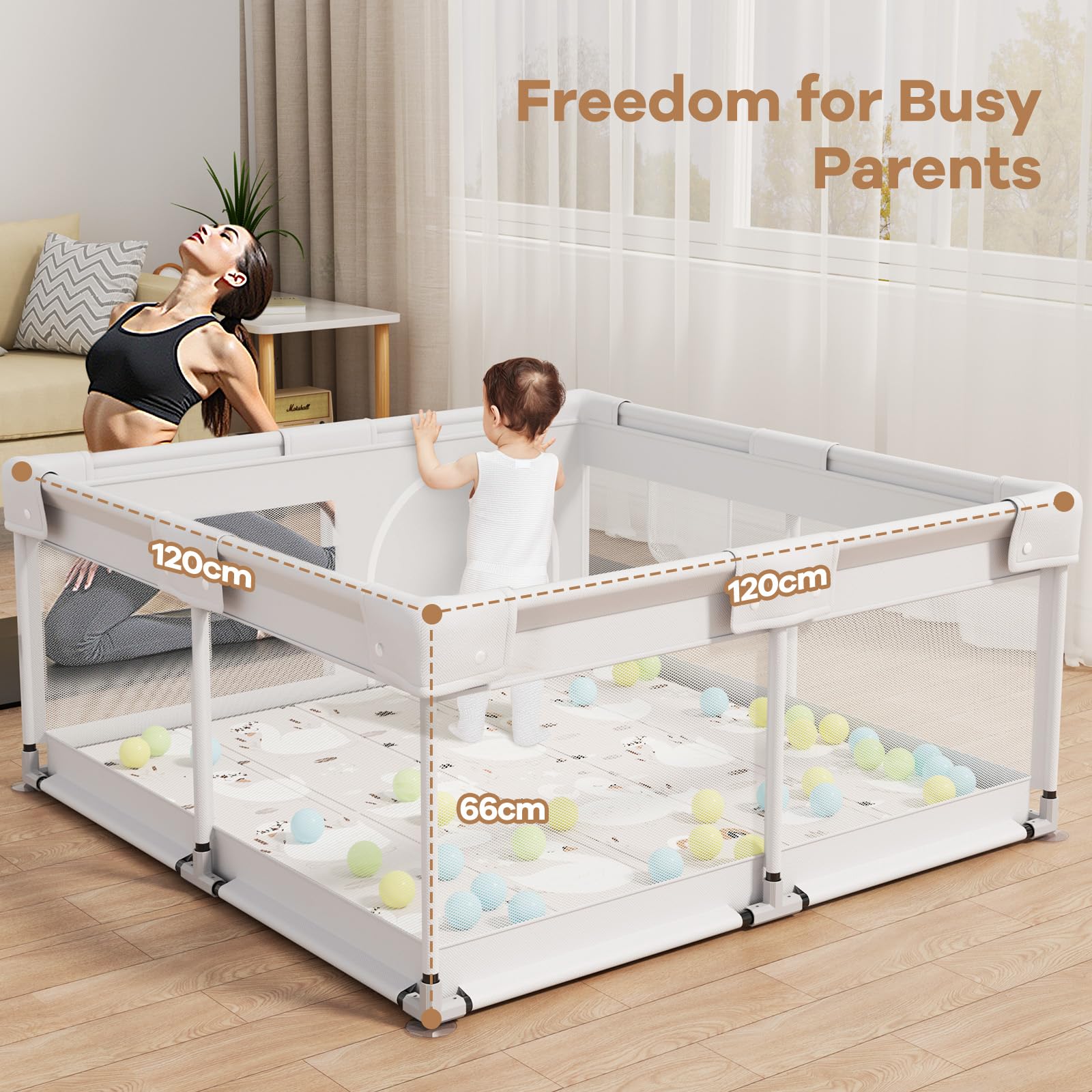 Parc bébé avec matelas, 120 x 120 cm, petit parc pour bébé, avec tapis, parc pour appartement, avec filet respirant sur les quatre côtés et ventouses