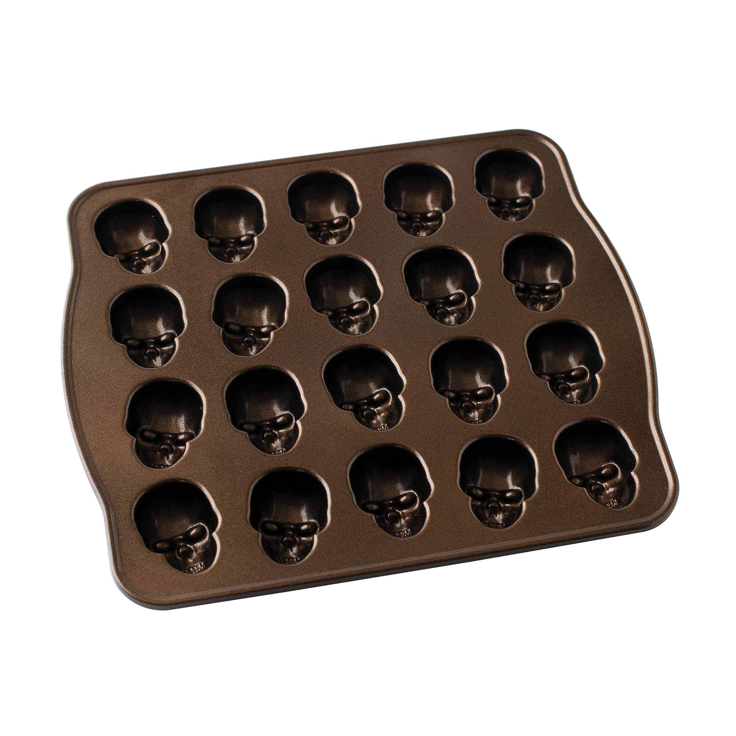 Nordic Ware - Moule à gâteau, moule à pâtisserie - Moule 20 mini Têtes de mort Bronze - Revêtement antiadhésif - Fonte d'aluminium