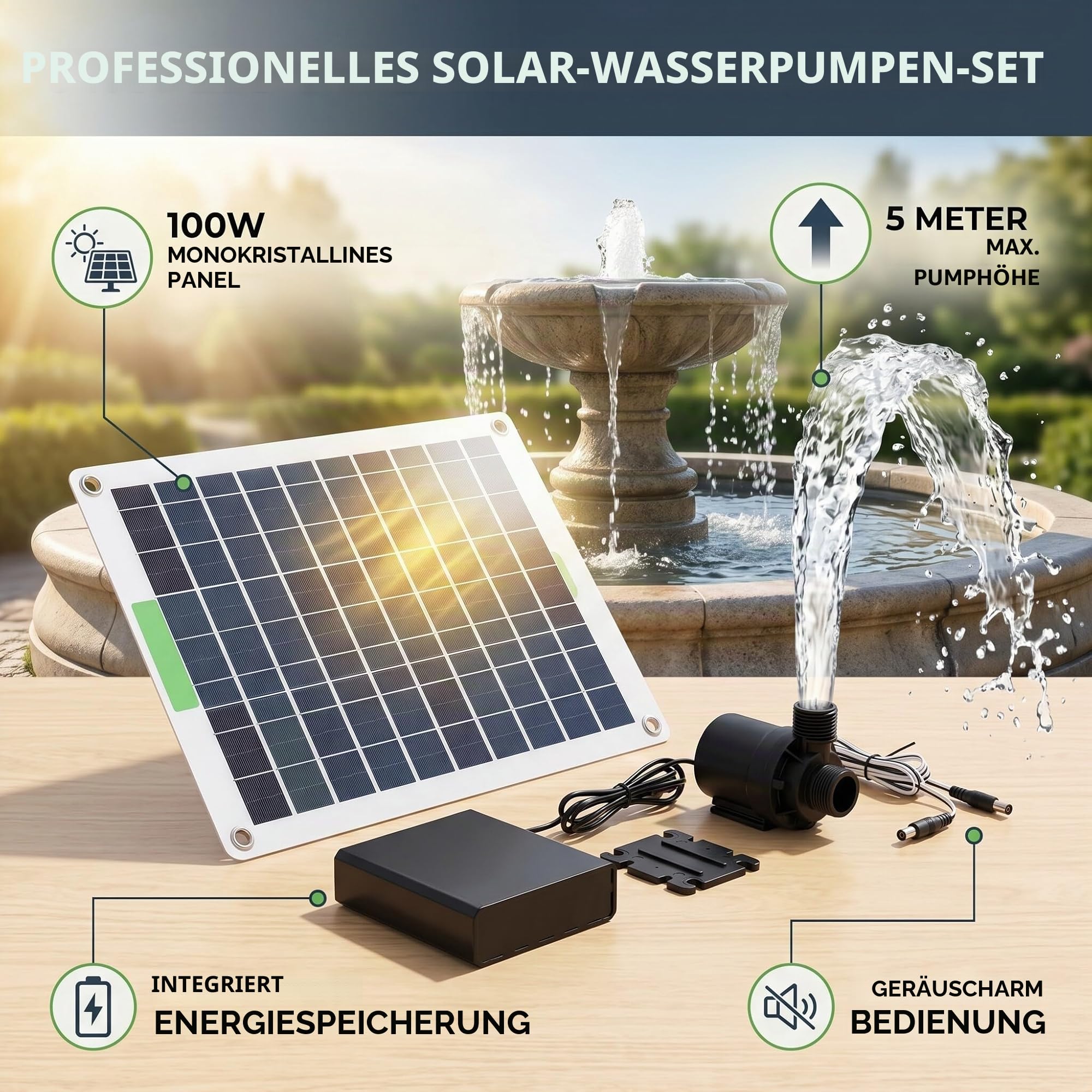 Solar-Brunnen Pumpe, 100W Mono Kristalline Solar-Teich Pumpe Geräuscharm Laufende Wasser-Brunnen mit 12V Gleichstrom-Motor Energie Sparende für Garten
