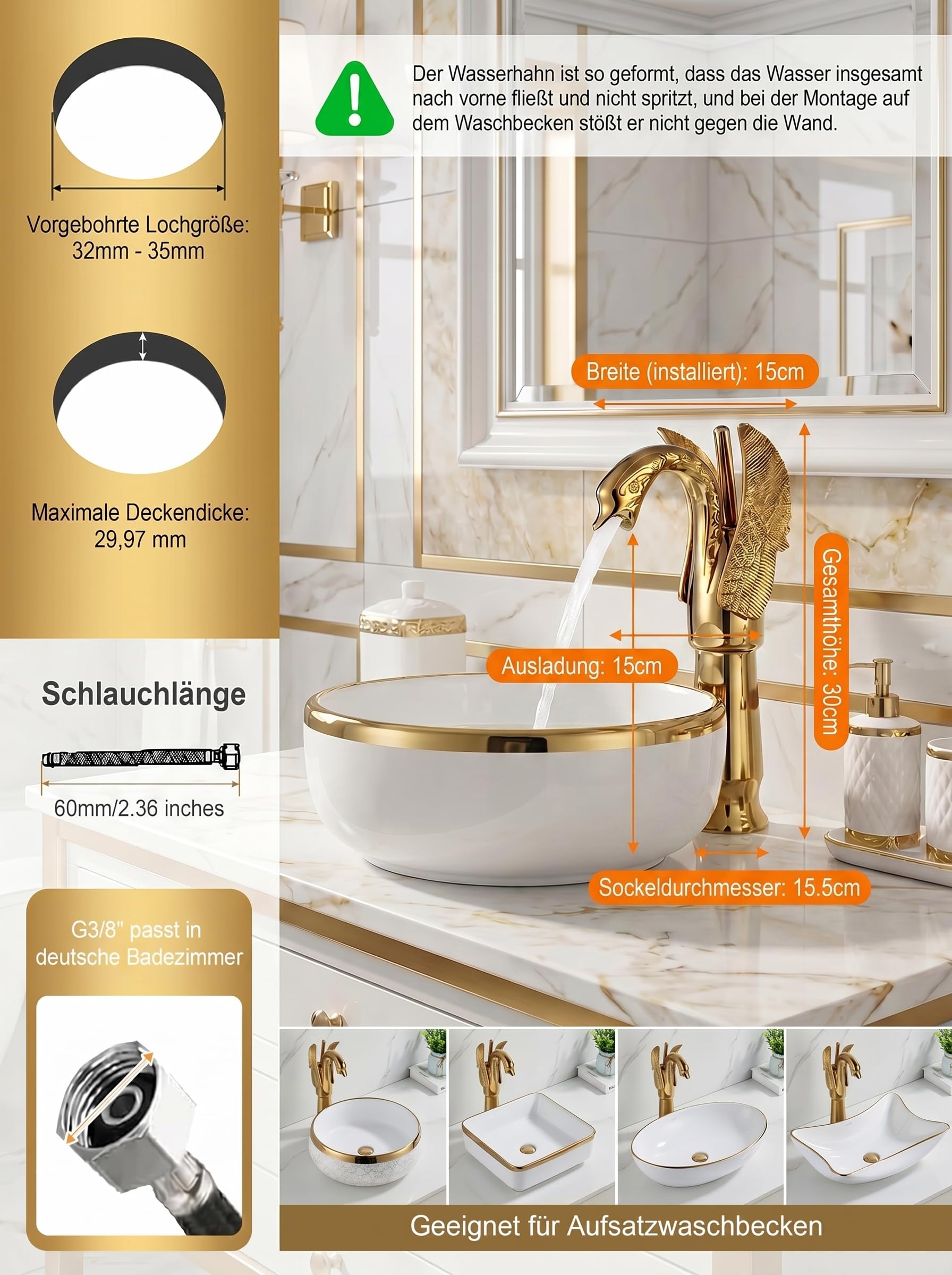 Einzigartiger Schwan Wasserhahn Bad Gold, Hohe Waschtischarmatur für Aufsatzwaschbecken, Retro Vintage Badarmatur Waschbecken, Einhebelmischer Mischbatterie Bad mit G3/8" Anschluss