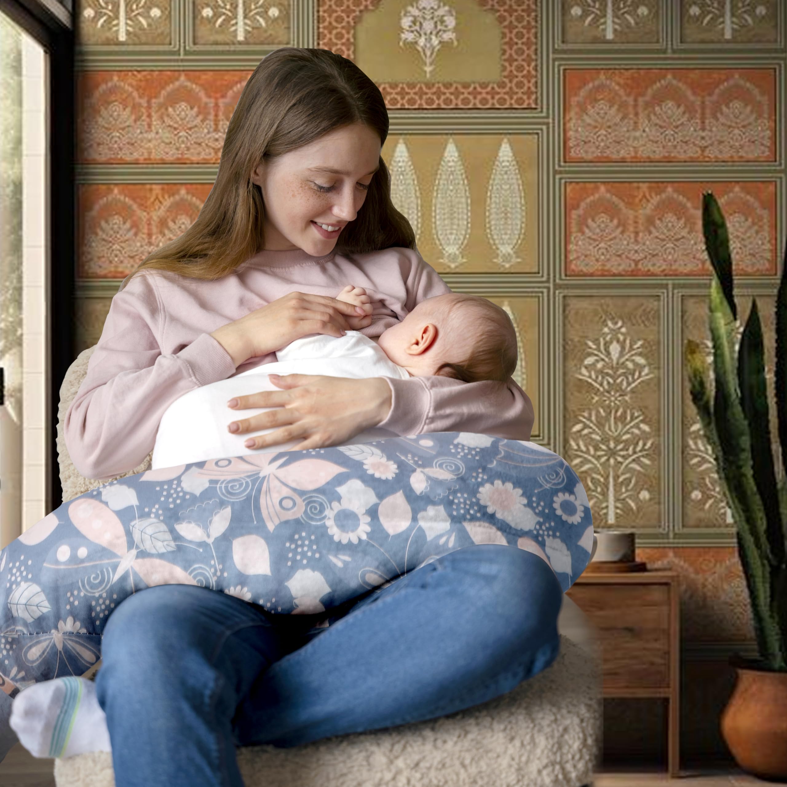 TOYSILO Original Newborn Nursing Feeding Pillow Essentials for Bottle and Breastfeeding Pillows with Removable Cover, Infant Support for Baby and Mom Cradle 0-24 Months (Flora Butterfly Blue)-picture-34