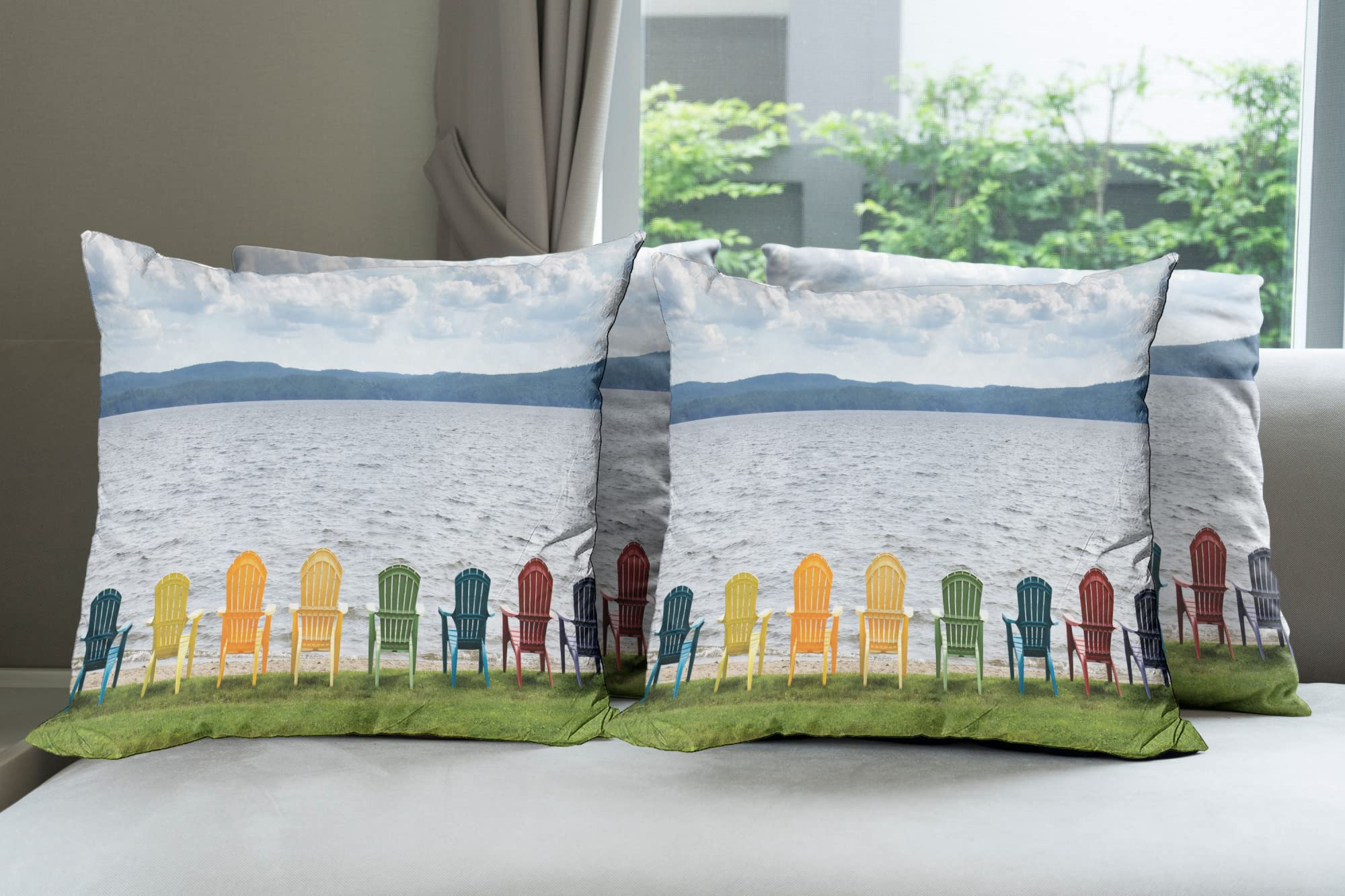 Lunarable Adirondack Throw Pillow Cushion Case Pack of 4, 8 Colorful Adirondack Chairs on The Coast Looking out on The Lake Design, Modern Accent Double-Sided Digital Printing, 18