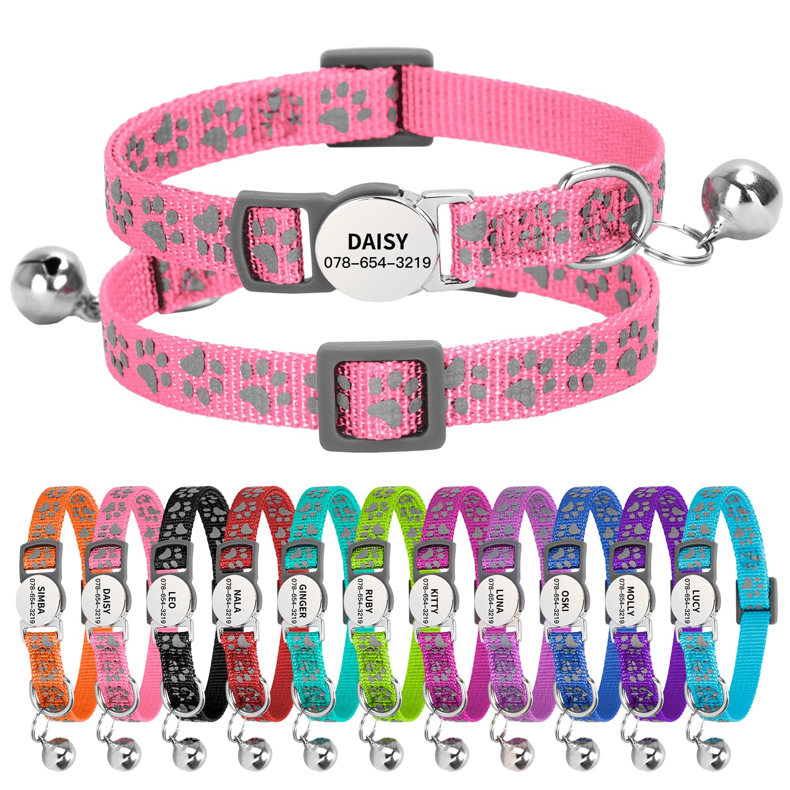 Personalised Reflective Cat Collar with Name Tag,Quick Release Kitten Collars with Bell Safety Buckle, Adjustable Nylon Cat Collar for Cats Kittens UK Prime (Adjustable 19–30 cm, Pink Paw) — image 1