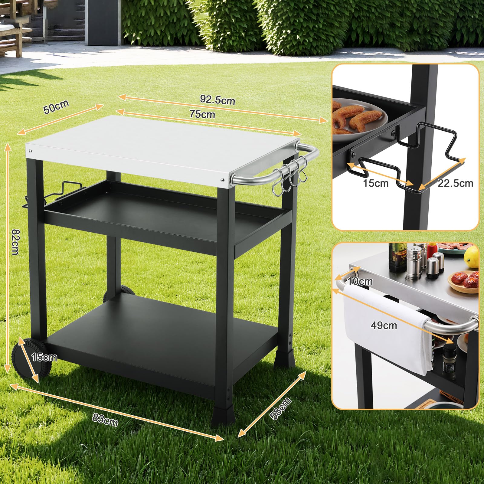 LIFERUN Carro de Barbacoa Acero Inoxidable, Mesa de Barbacoa Exteriores con 2 Ruedas Ganchos, Carrito de BBQ Cocina Servicio, Mesa Auxiliar Superficie Trabajo INOX, Carrito de Cocina, terraza y jardín
